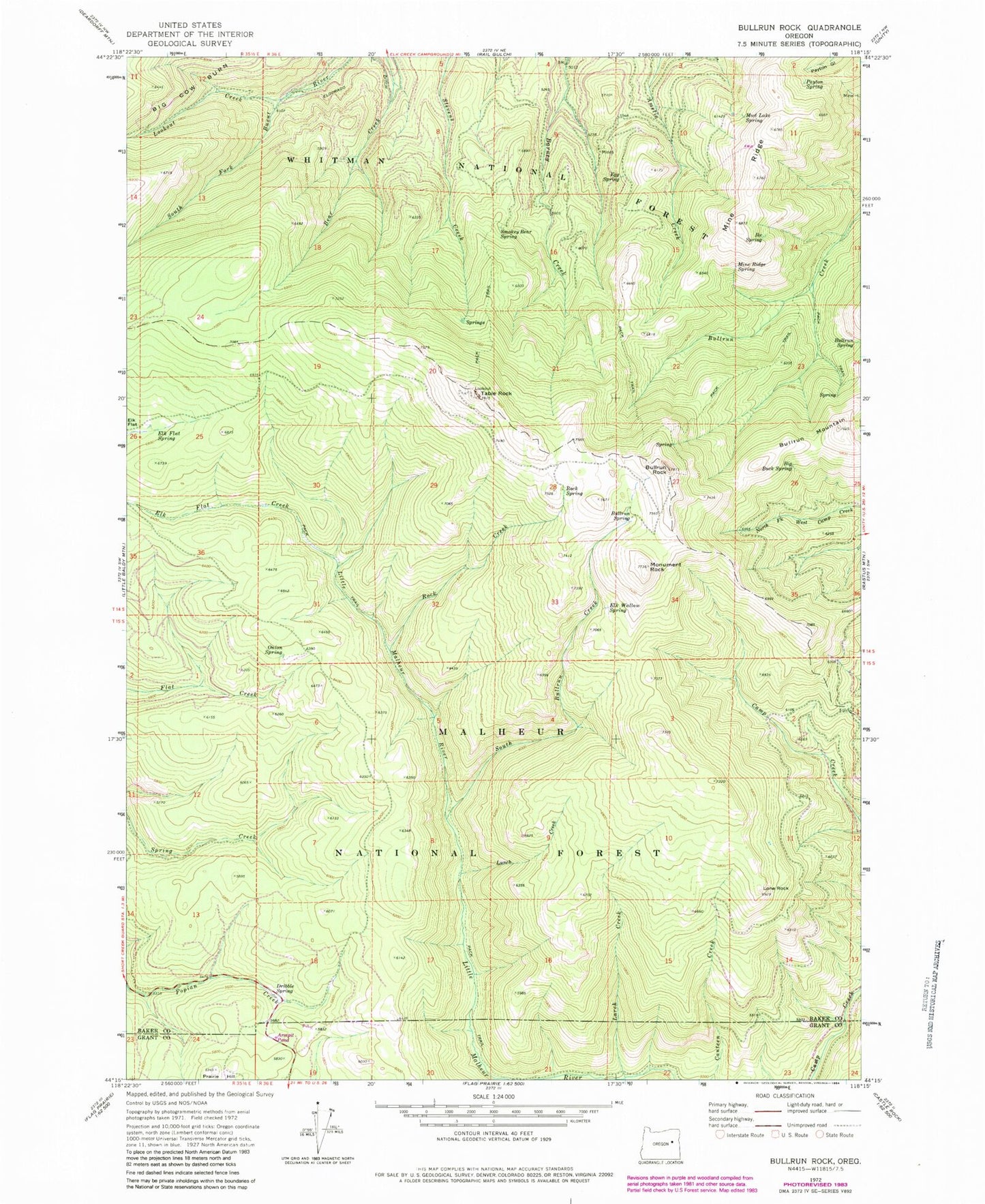 Classic USGS Bullrun Rock Oregon 7.5'x7.5' Topo Map Image