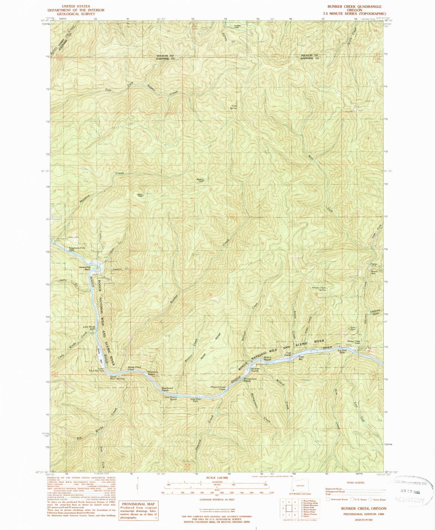 Classic USGS Bunker Creek Oregon 7.5'x7.5' Topo Map Image