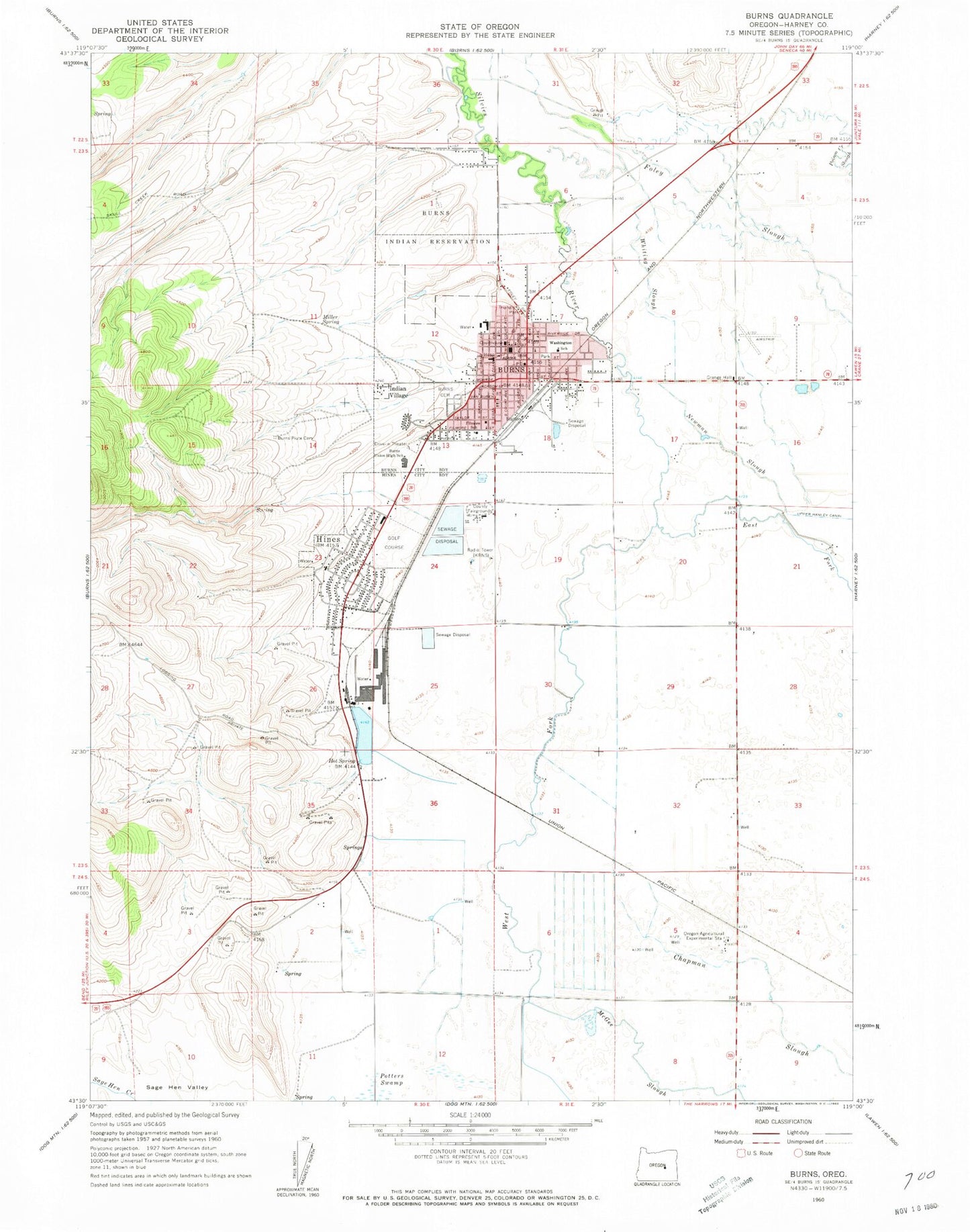 Classic USGS Burns Oregon 7.5'x7.5' Topo Map Image