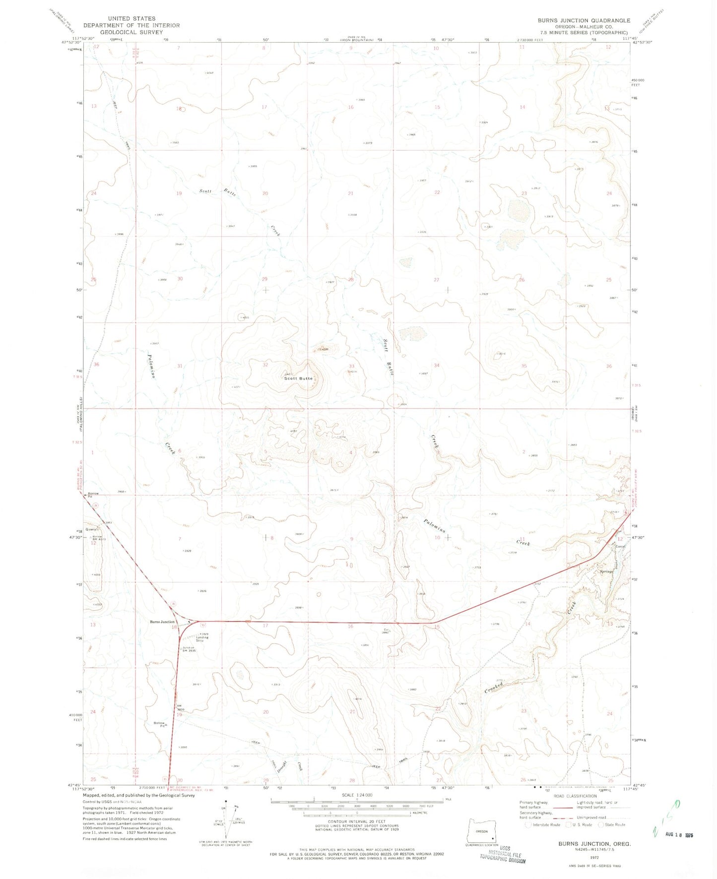 Classic USGS Burns Junction Oregon 7.5'x7.5' Topo Map Image