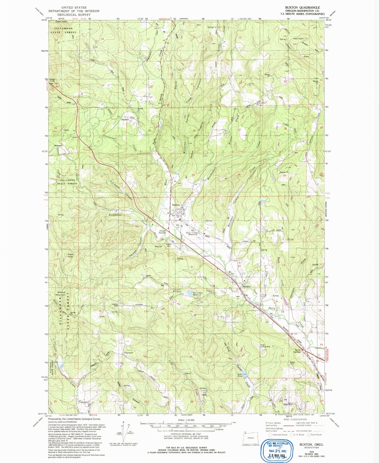 Classic USGS Buxton Oregon 7.5'x7.5' Topo Map Image