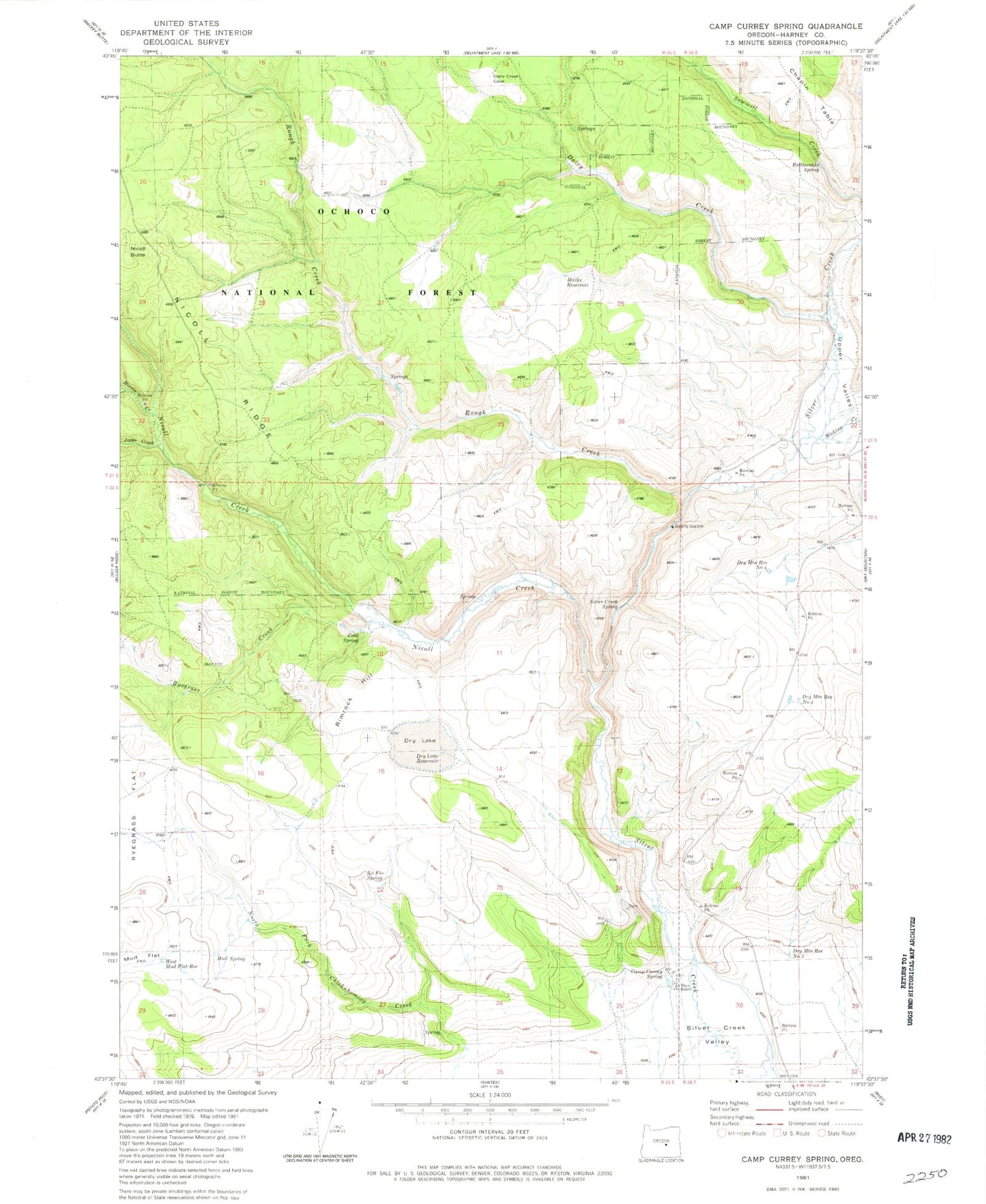 Classic USGS Camp Currey Spring Oregon 7.5'x7.5' Topo Map Image