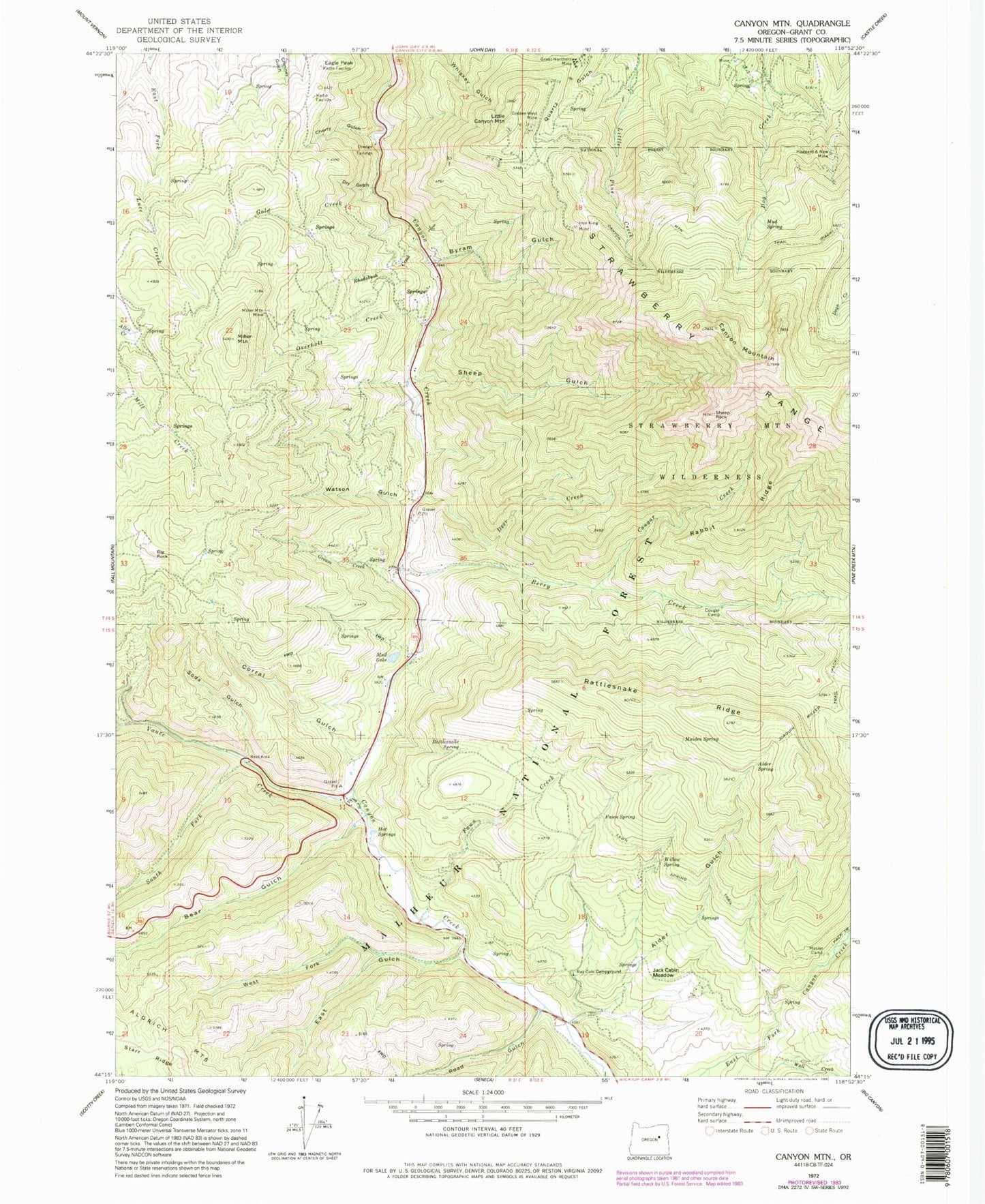 Classic USGS Canyon Mountain Oregon 7.5'x7.5' Topo Map Image