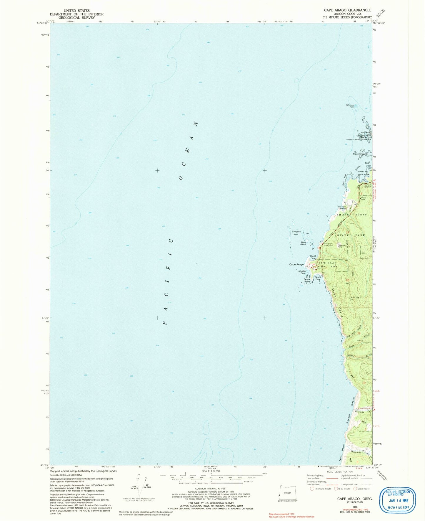 Classic USGS Cape Arago Oregon 7.5'x7.5' Topo Map Image