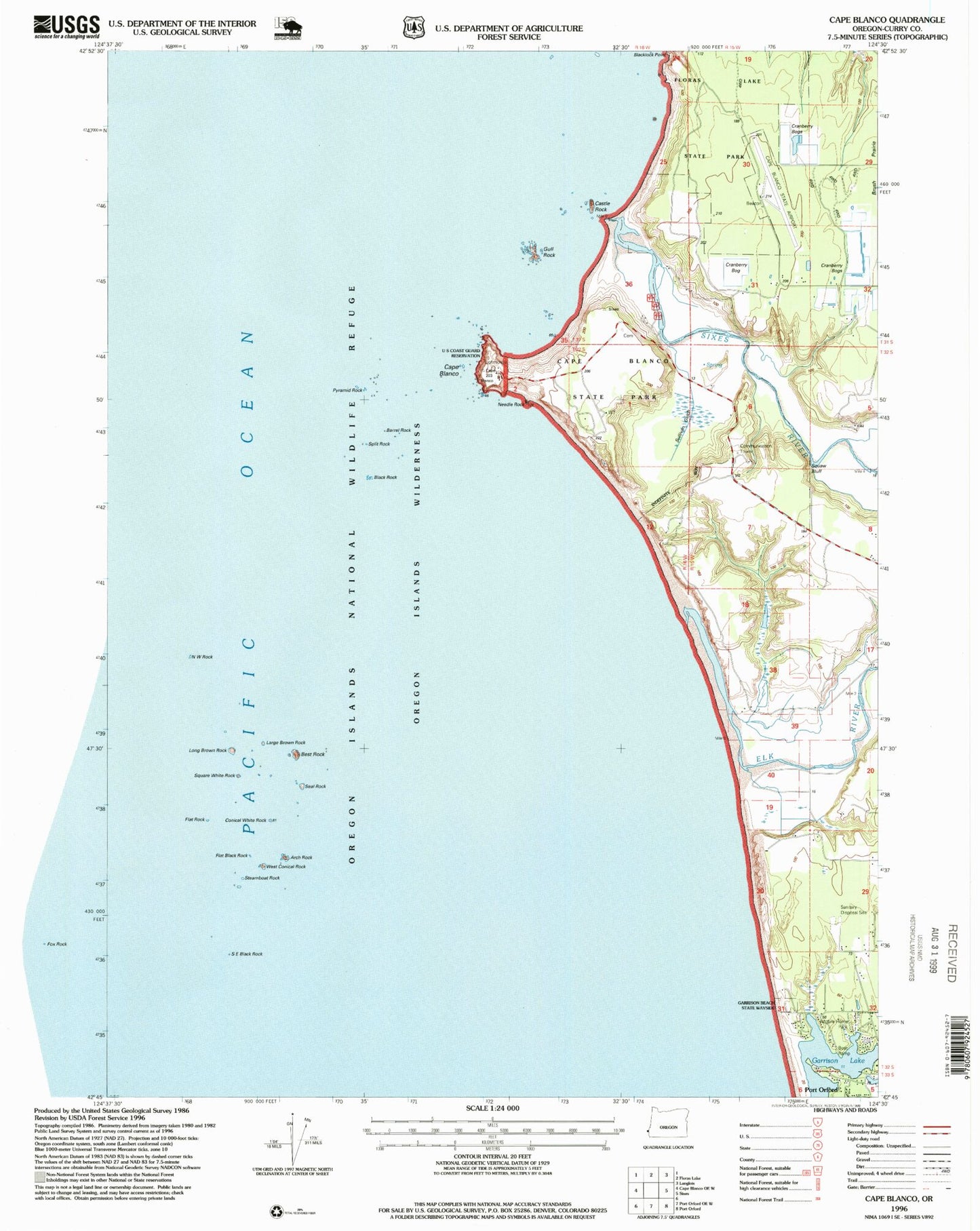 Classic USGS Cape Blanco Oregon 7.5'x7.5' Topo Map Image