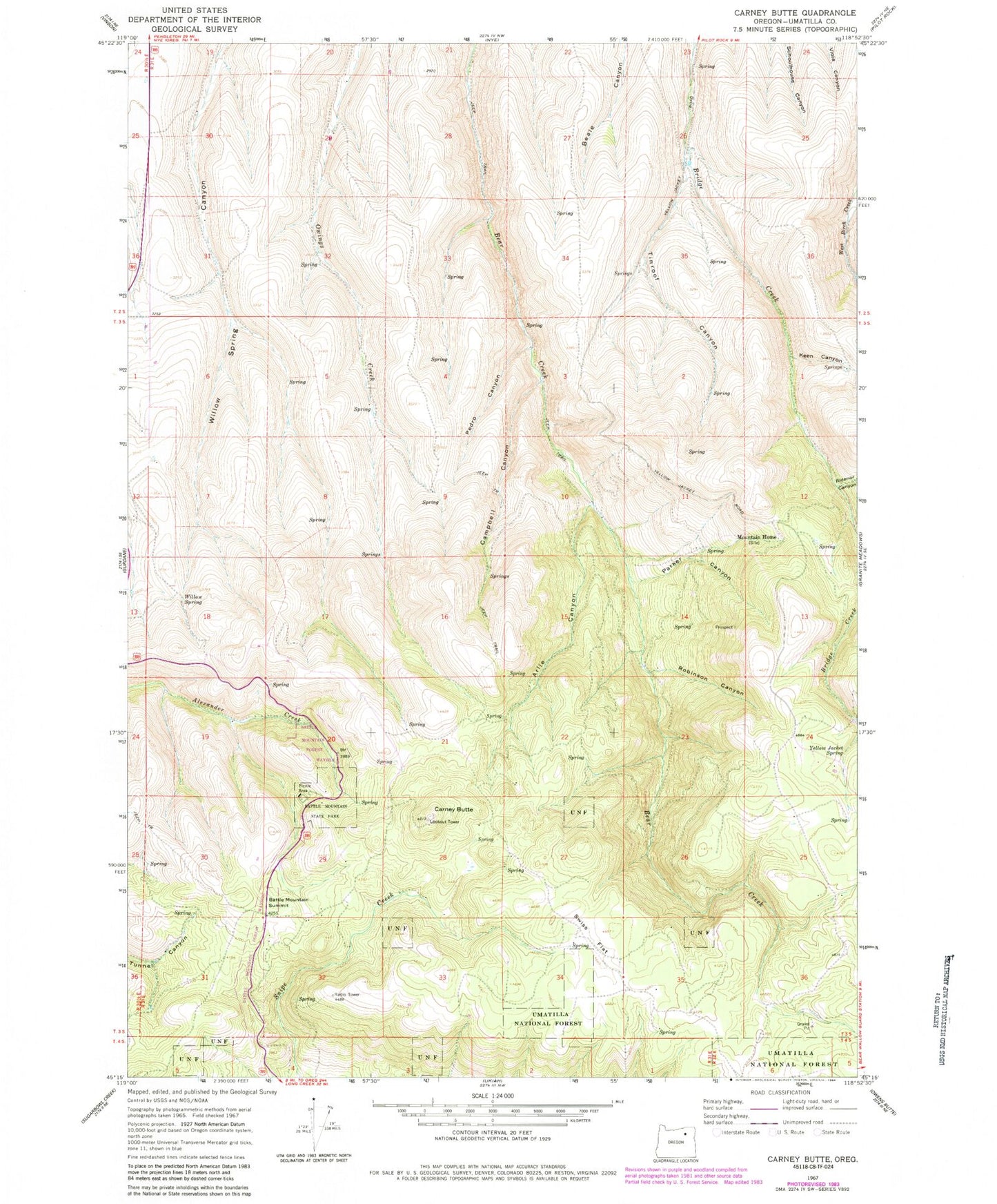 Classic USGS Carney Butte Oregon 7.5'x7.5' Topo Map Image