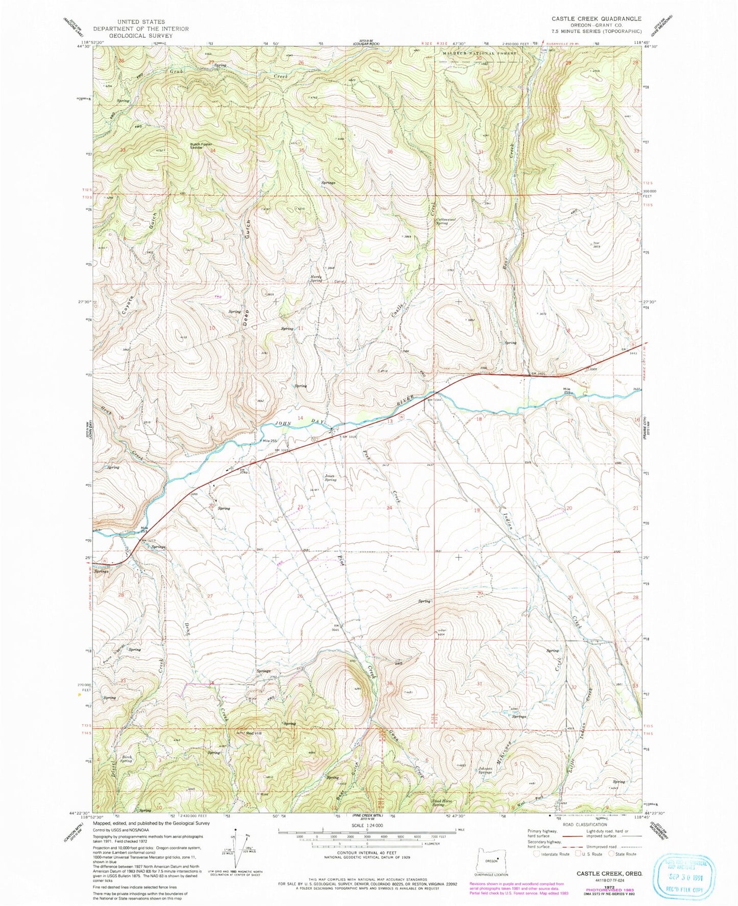 Classic USGS Castle Creek Oregon 7.5'x7.5' Topo Map Image