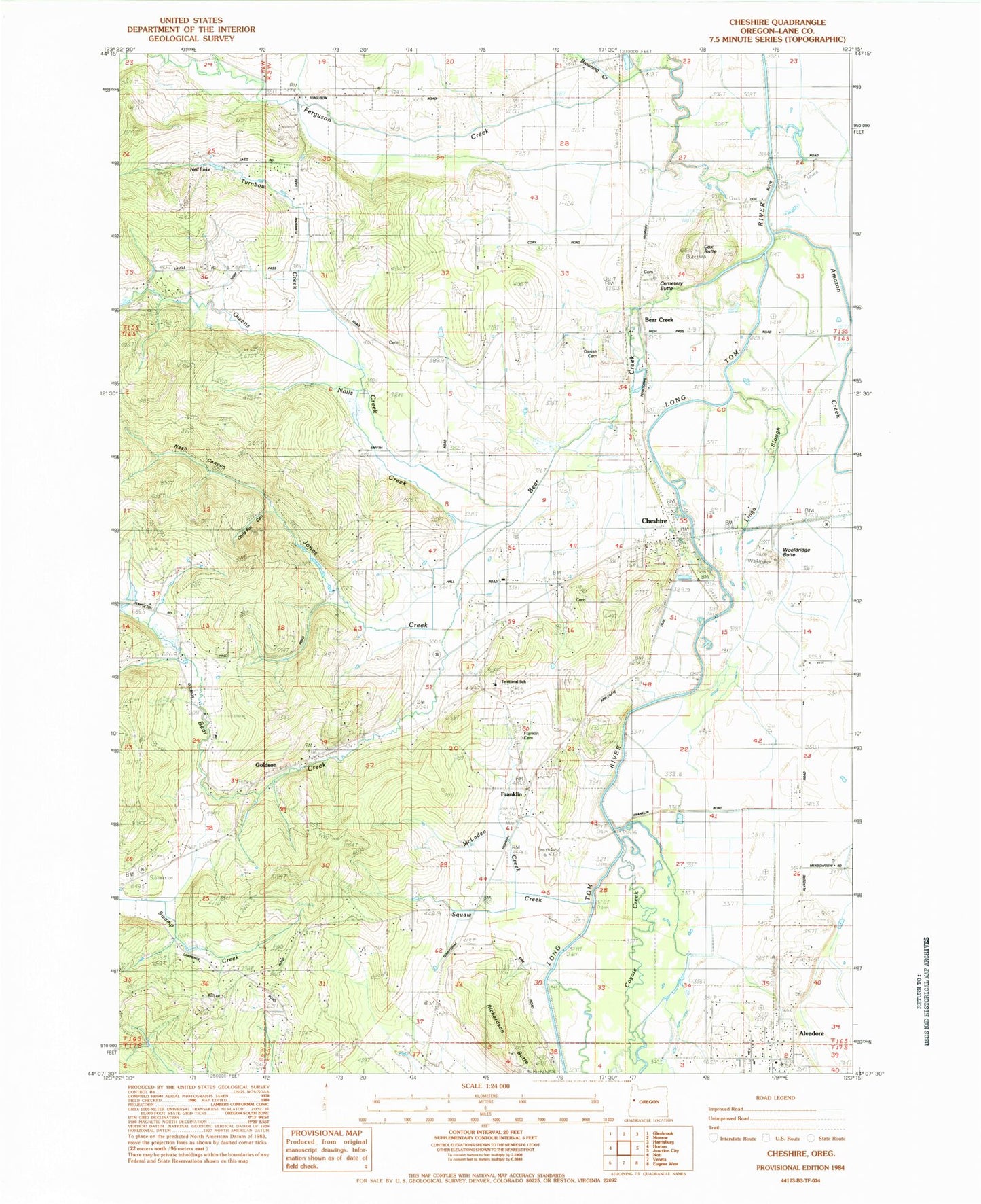 Classic USGS Cheshire Oregon 7.5'x7.5' Topo Map Image