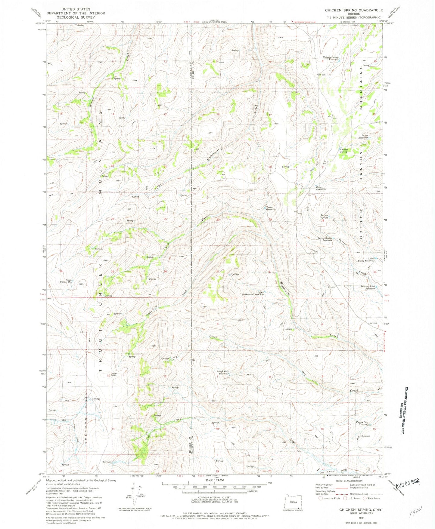Classic USGS Chicken Spring Oregon 7.5'x7.5' Topo Map Image