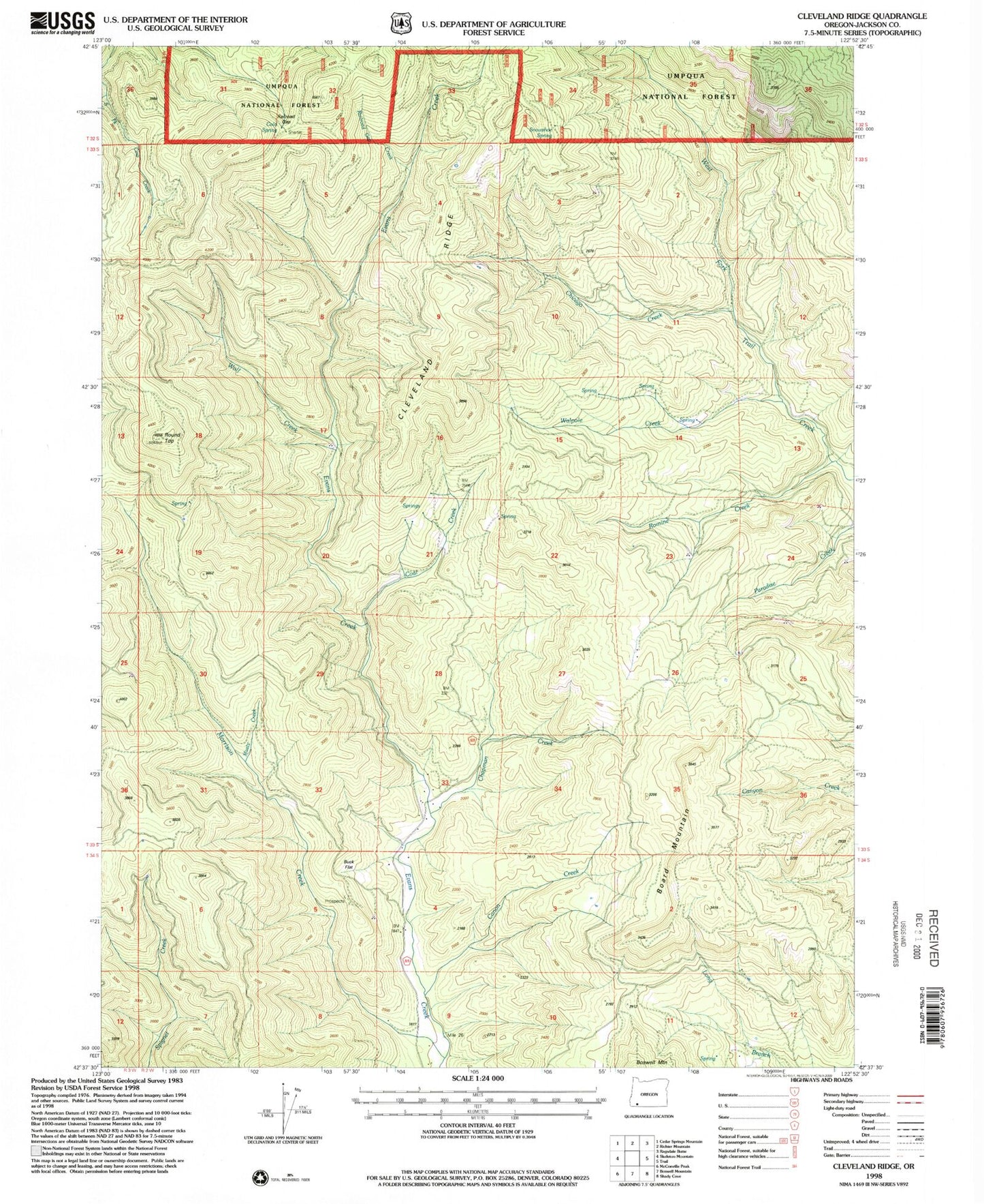 Classic USGS Cleveland Ridge Oregon 7.5'x7.5' Topo Map Image