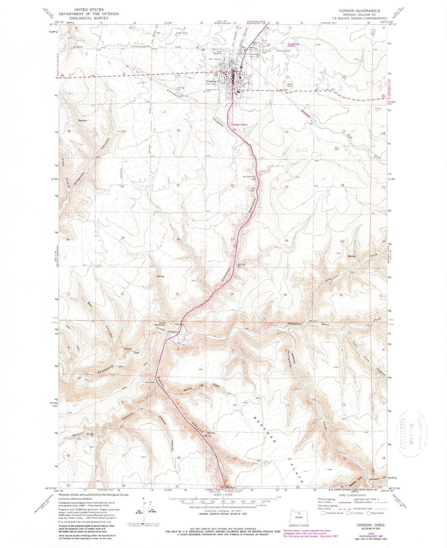 Classic USGS Condon Oregon 7.5'x7.5' Topo Map Image