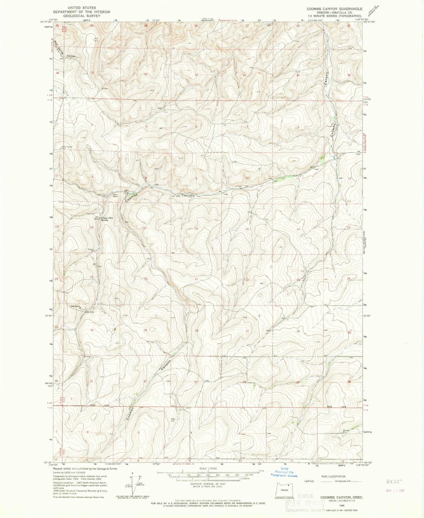 Classic USGS Coombs Canyon Oregon 7.5'x7.5' Topo Map Image