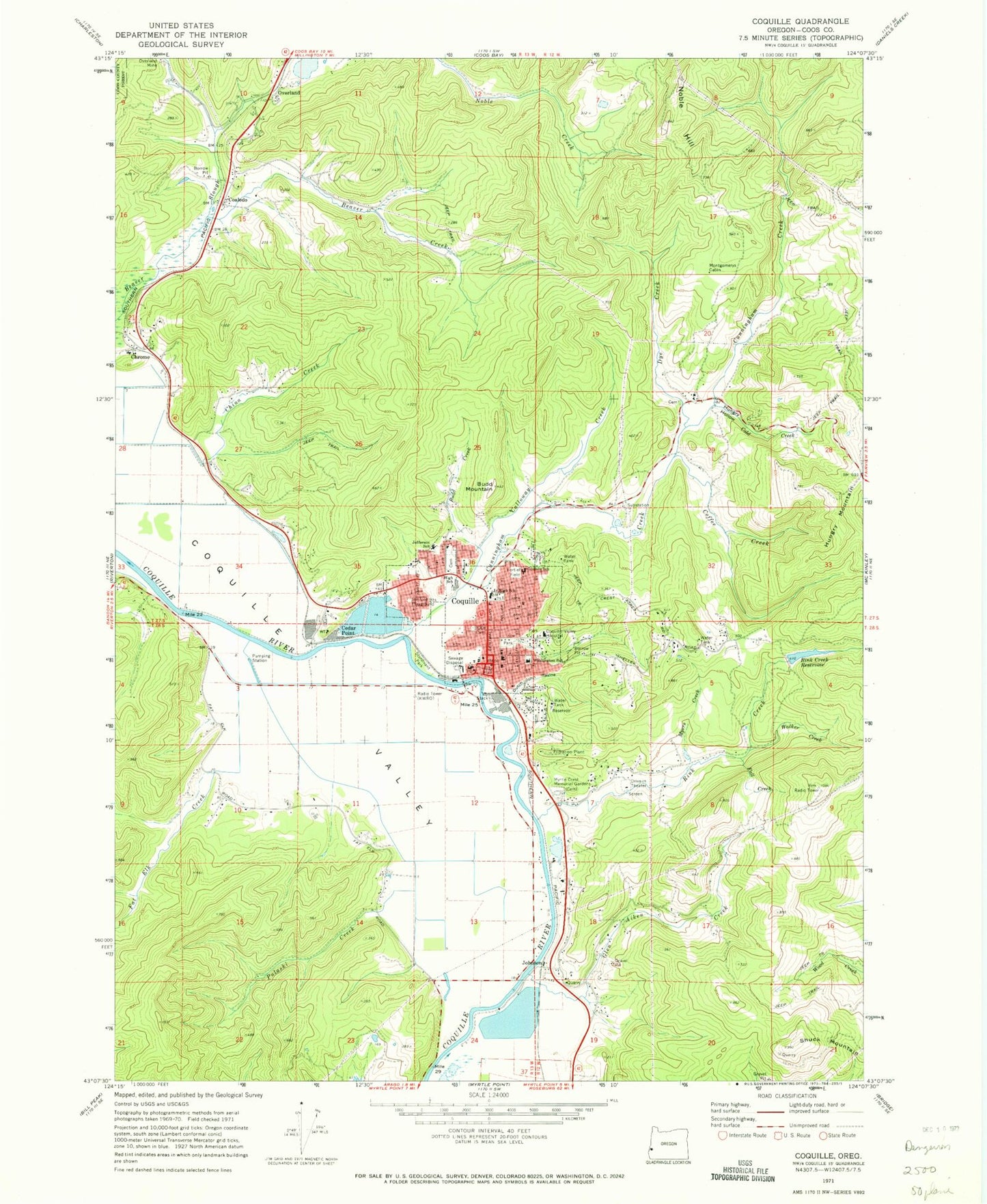 Classic USGS Coquille Oregon 7.5'x7.5' Topo Map Image