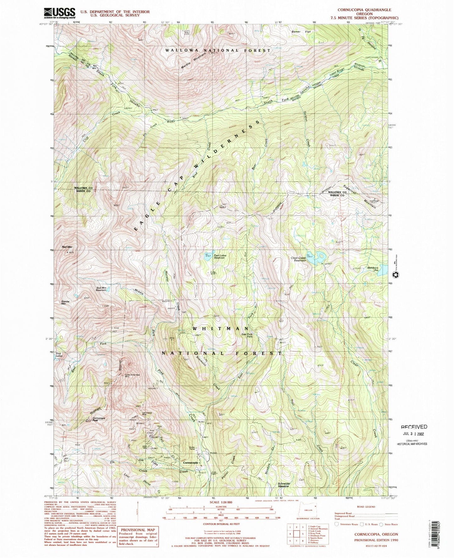 Classic USGS Cornucopia Oregon 7.5'x7.5' Topo Map Image