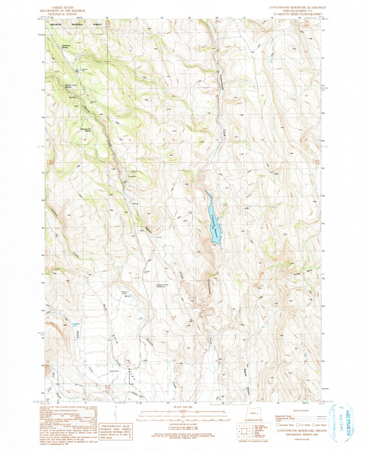 Classic USGS Cottonwood Reservoir Oregon 7.5'x7.5' Topo Map Image