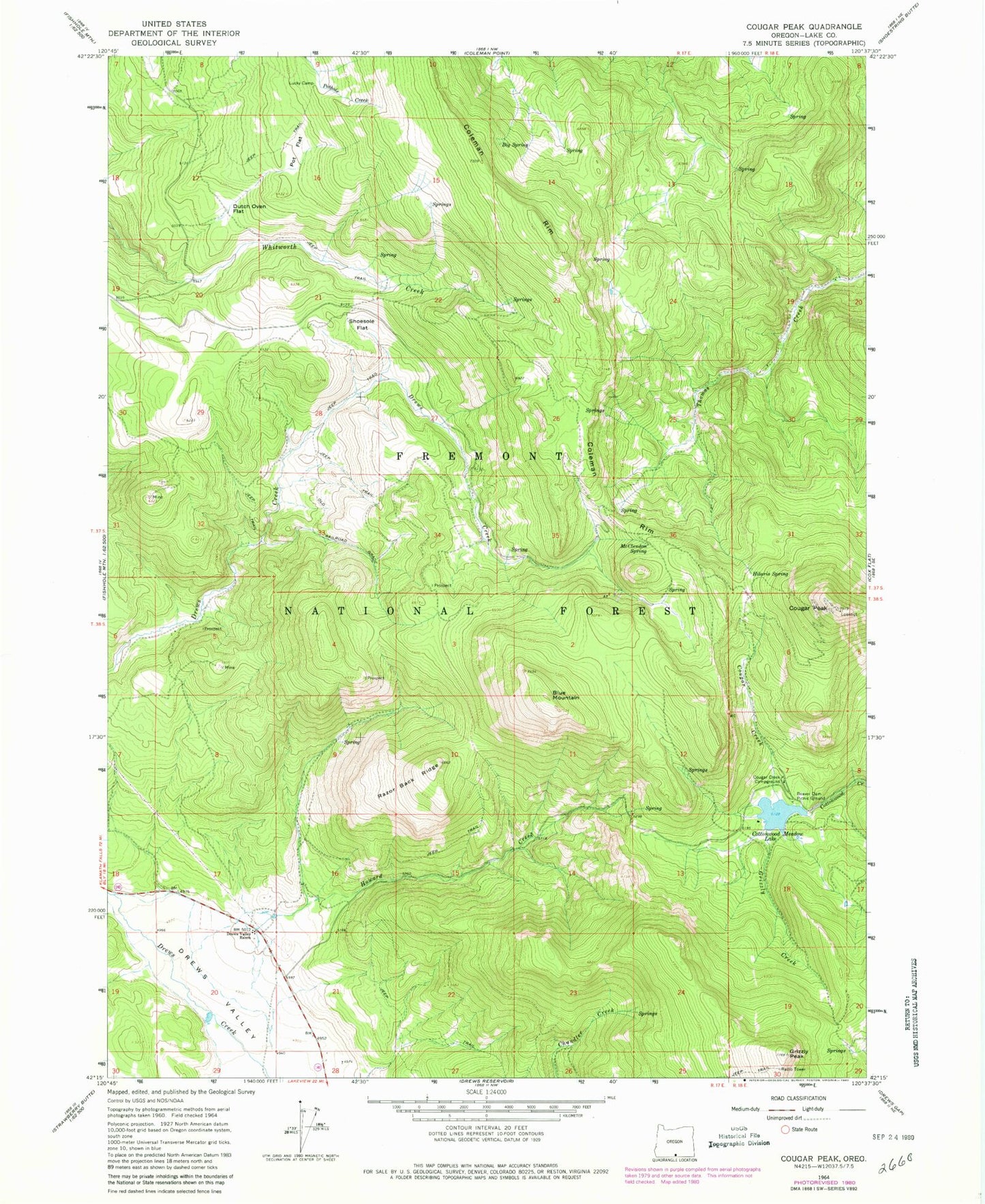 Classic USGS Cougar Peak Oregon 7.5'x7.5' Topo Map Image