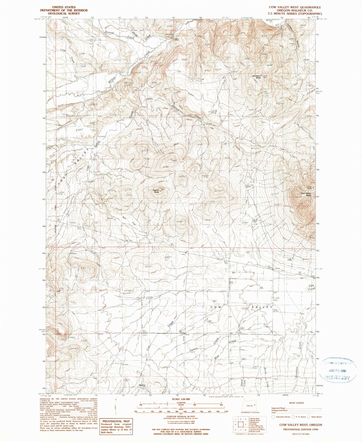 Classic USGS Cow Valley West Oregon 7.5'x7.5' Topo Map Image