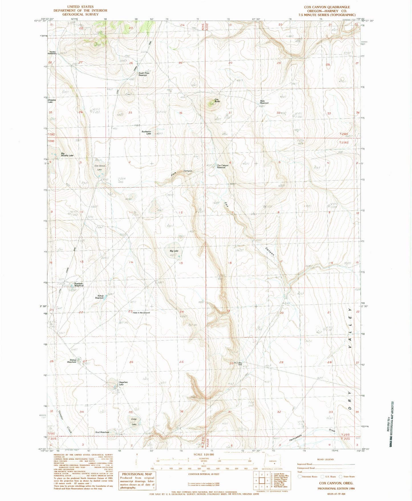 Classic USGS Cox Canyon Oregon 7.5'x7.5' Topo Map Image