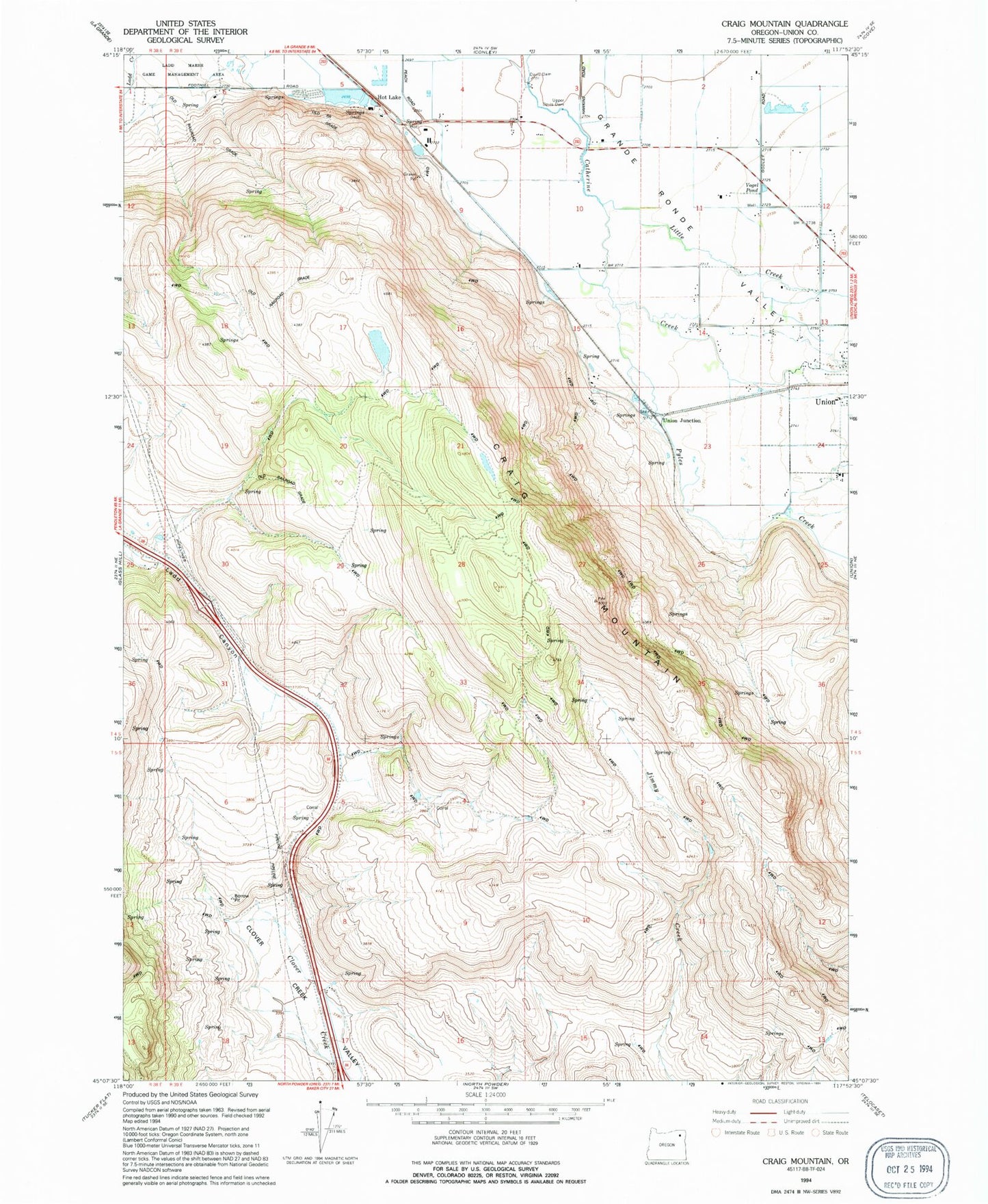 Classic USGS Craig Mountain Oregon 7.5'x7.5' Topo Map Image
