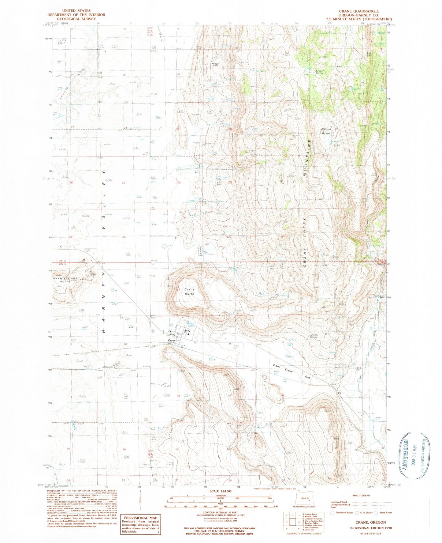 Classic USGS Crane Oregon 7.5'x7.5' Topo Map Image