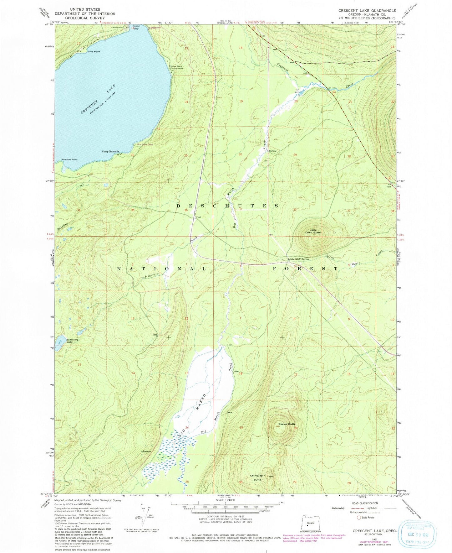 Classic USGS Crescent Lake Oregon 7.5'x7.5' Topo Map Image