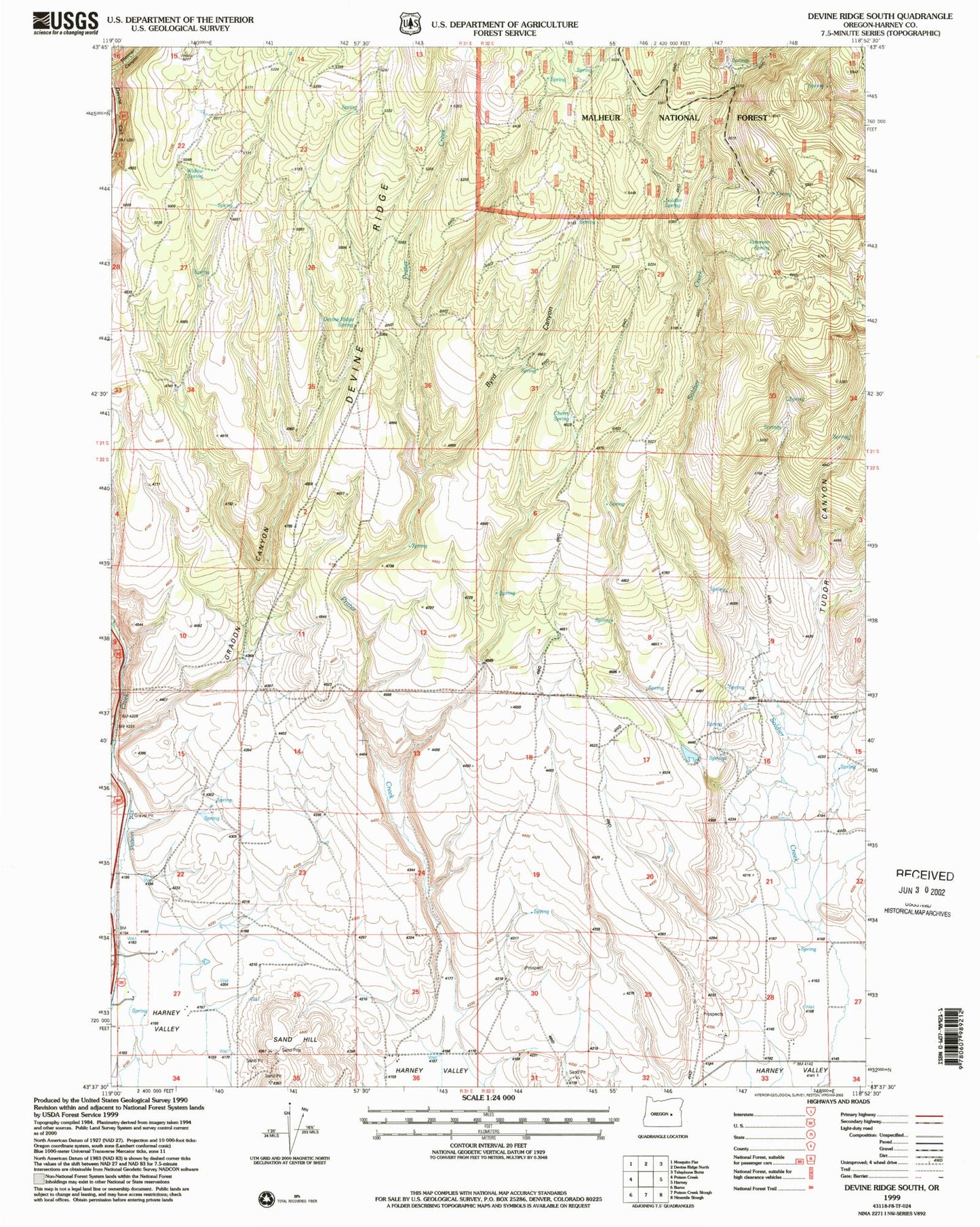Classic USGS Devine Ridge South Oregon 7.5'x7.5' Topo Map Image