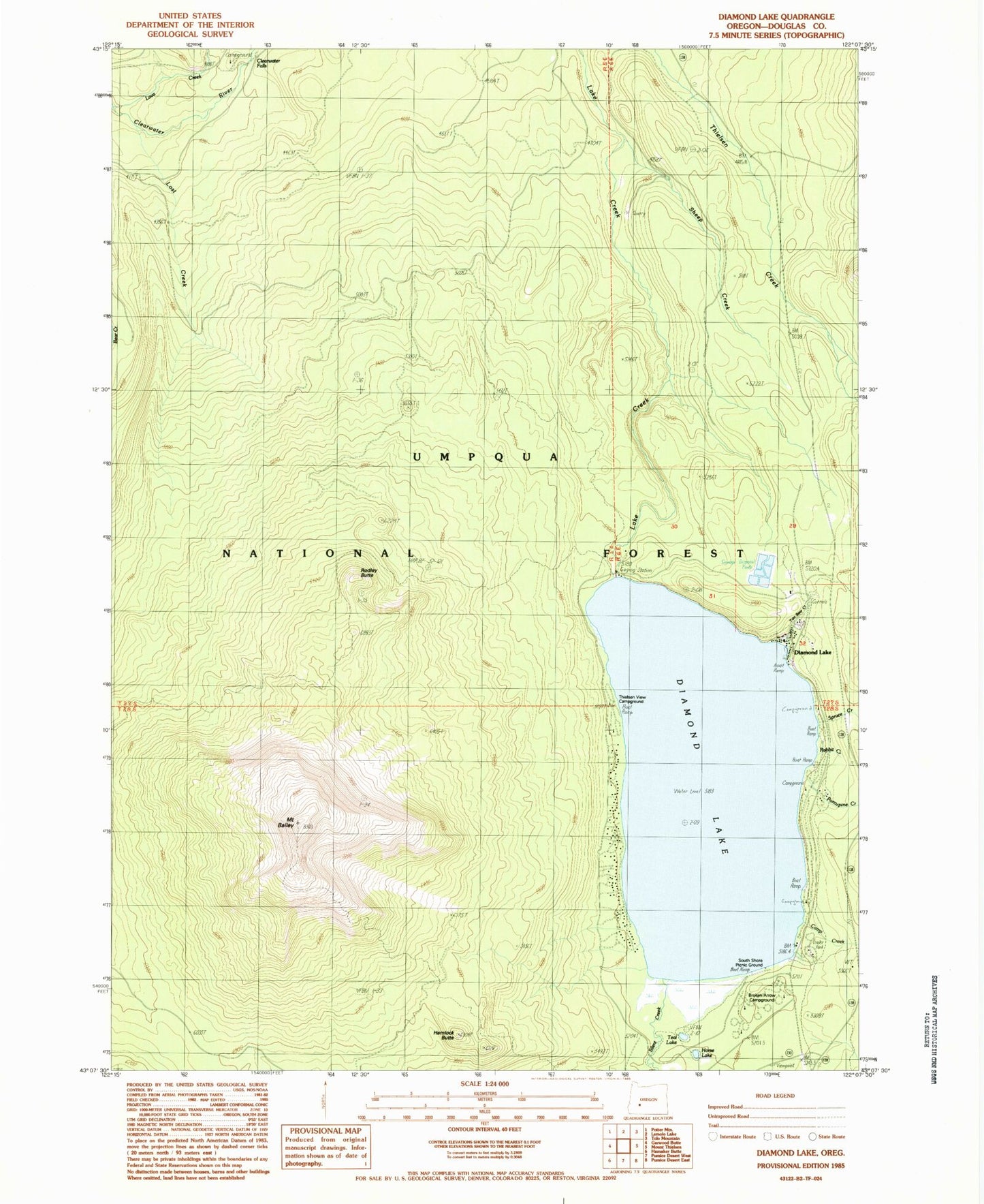 Classic USGS Diamond Lake Oregon 7.5'x7.5' Topo Map Image