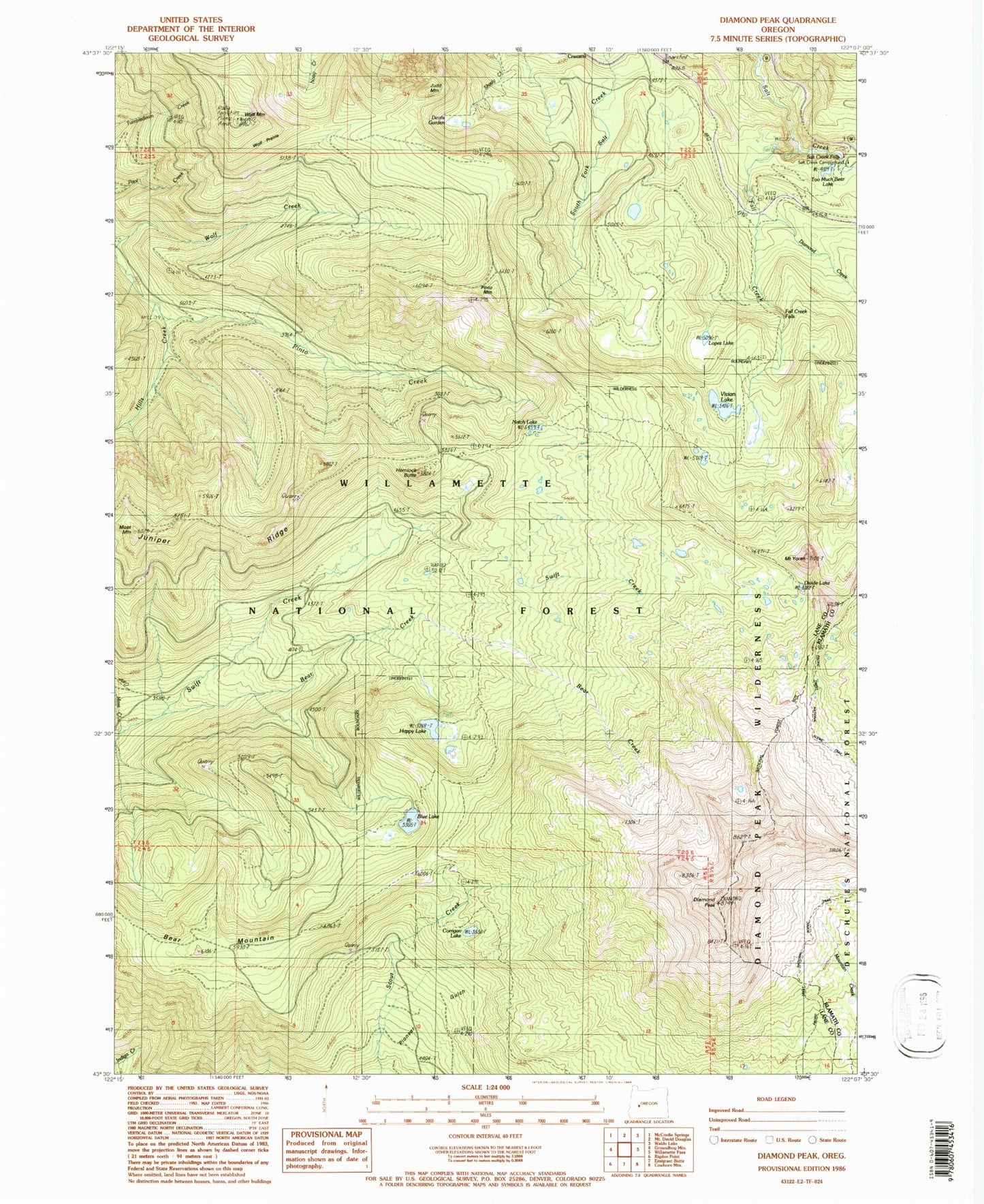 Classic USGS Diamond Peak Oregon 7.5'x7.5' Topo Map Image