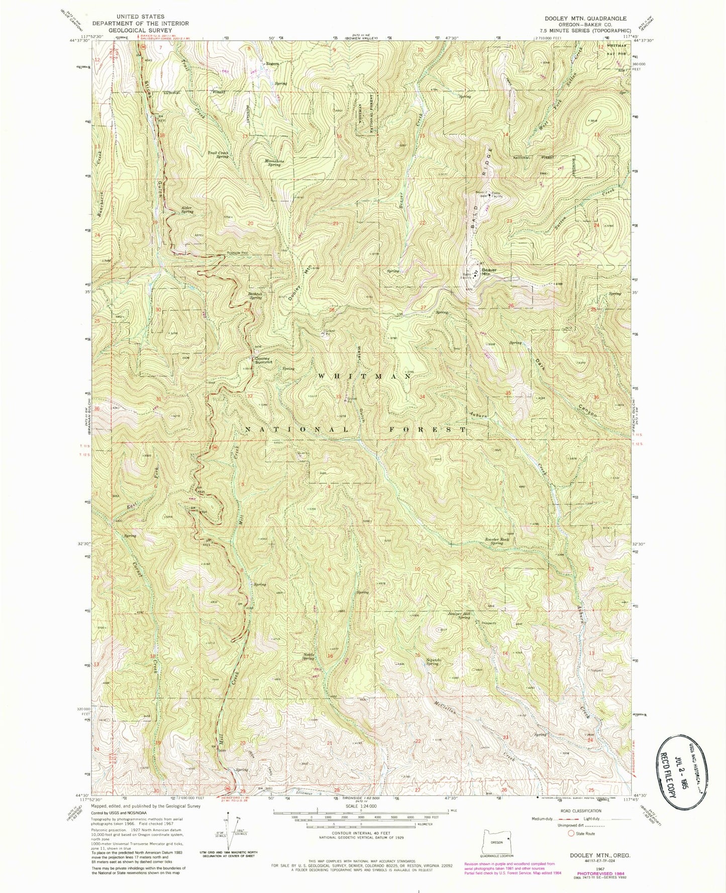 Classic USGS Dooley Mountain Oregon 7.5'x7.5' Topo Map Image