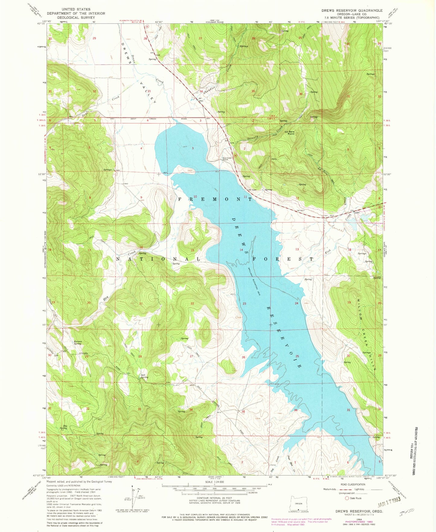 Classic USGS Drews Reservoir Oregon 7.5'x7.5' Topo Map Image