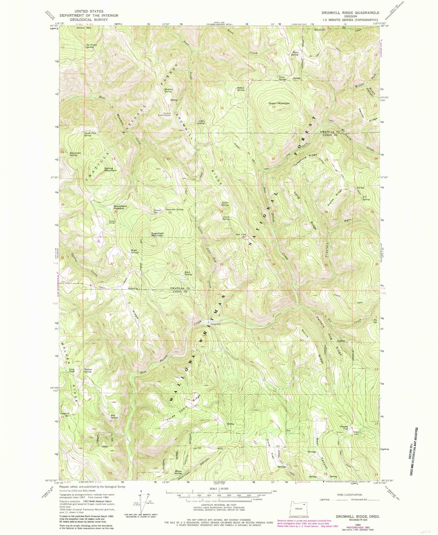 Classic USGS Drumhill Ridge Oregon 7.5'x7.5' Topo Map Image