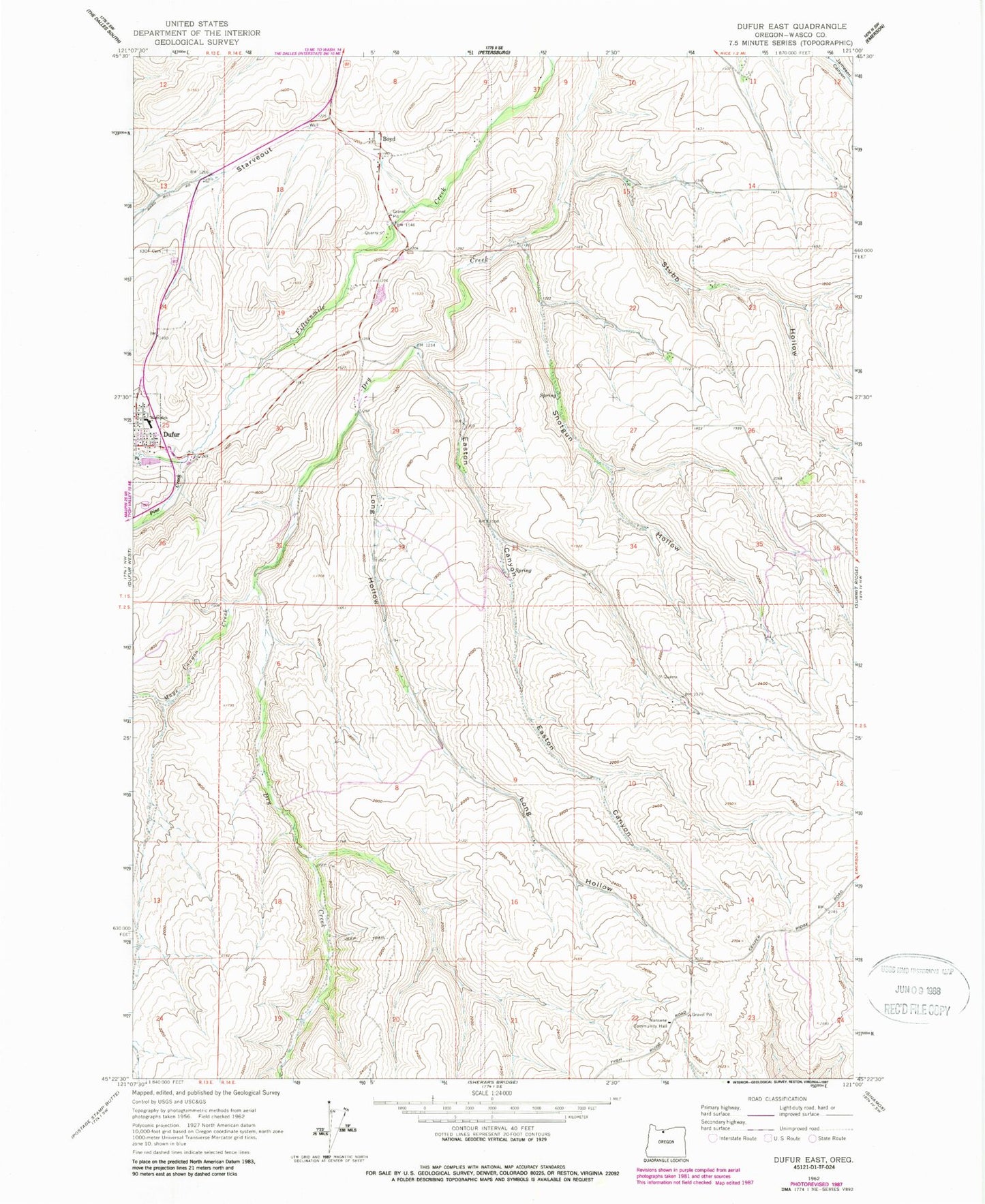 Classic USGS Dufur East Oregon 7.5'x7.5' Topo Map Image