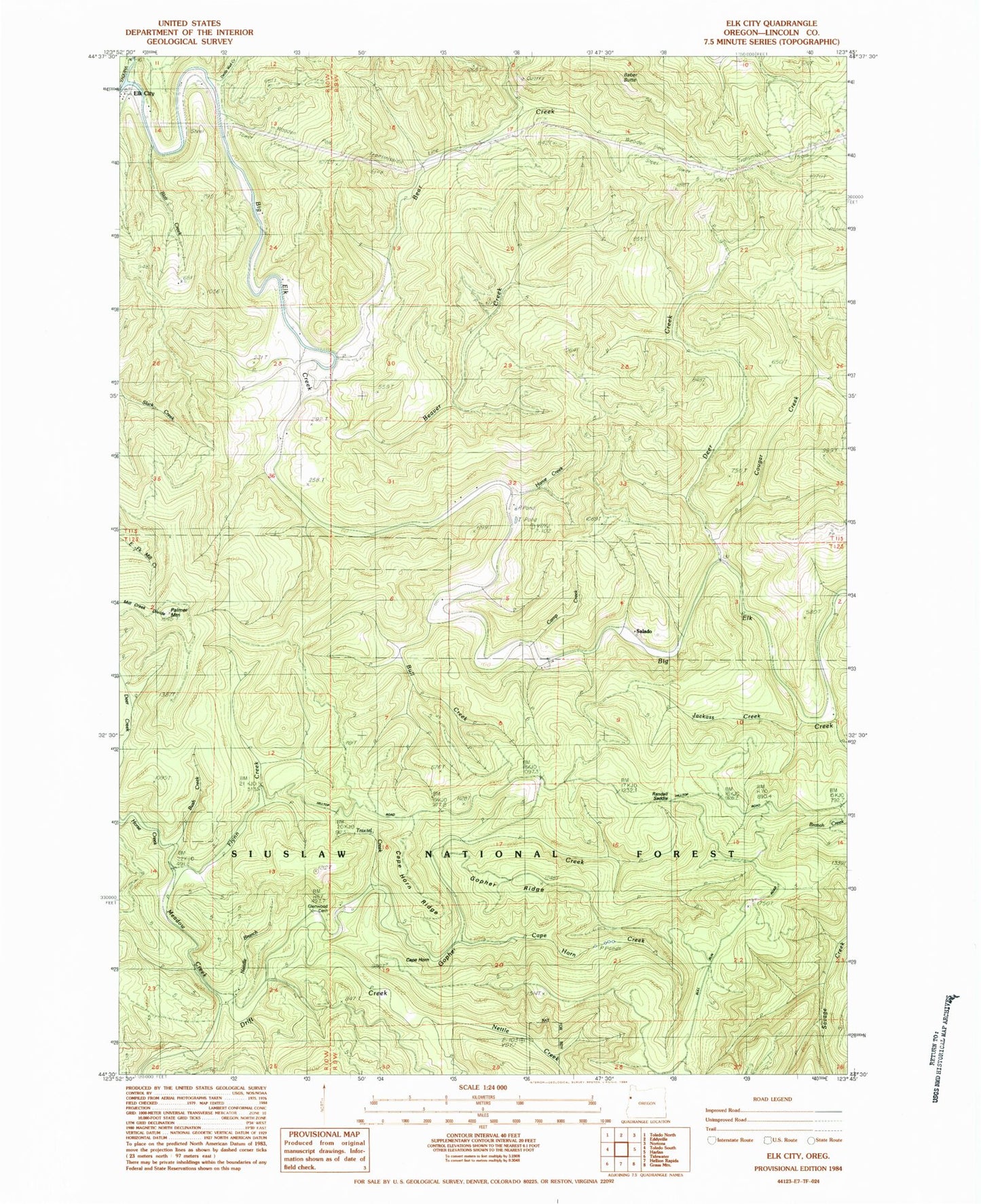 Classic USGS Elk City Oregon 7.5'x7.5' Topo Map Image