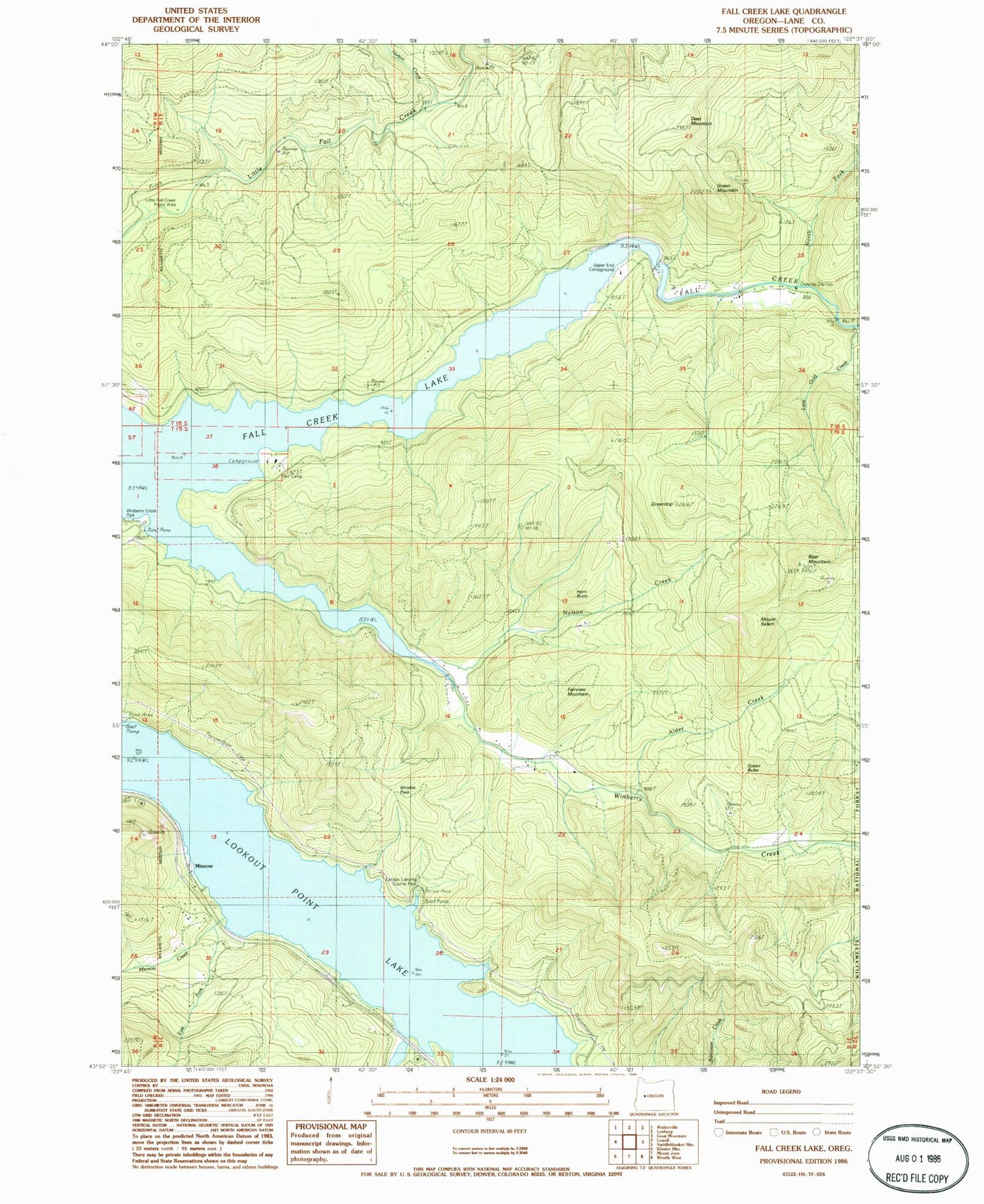 Classic USGS Fall Creek Lake Oregon 7.5'x7.5' Topo Map Image