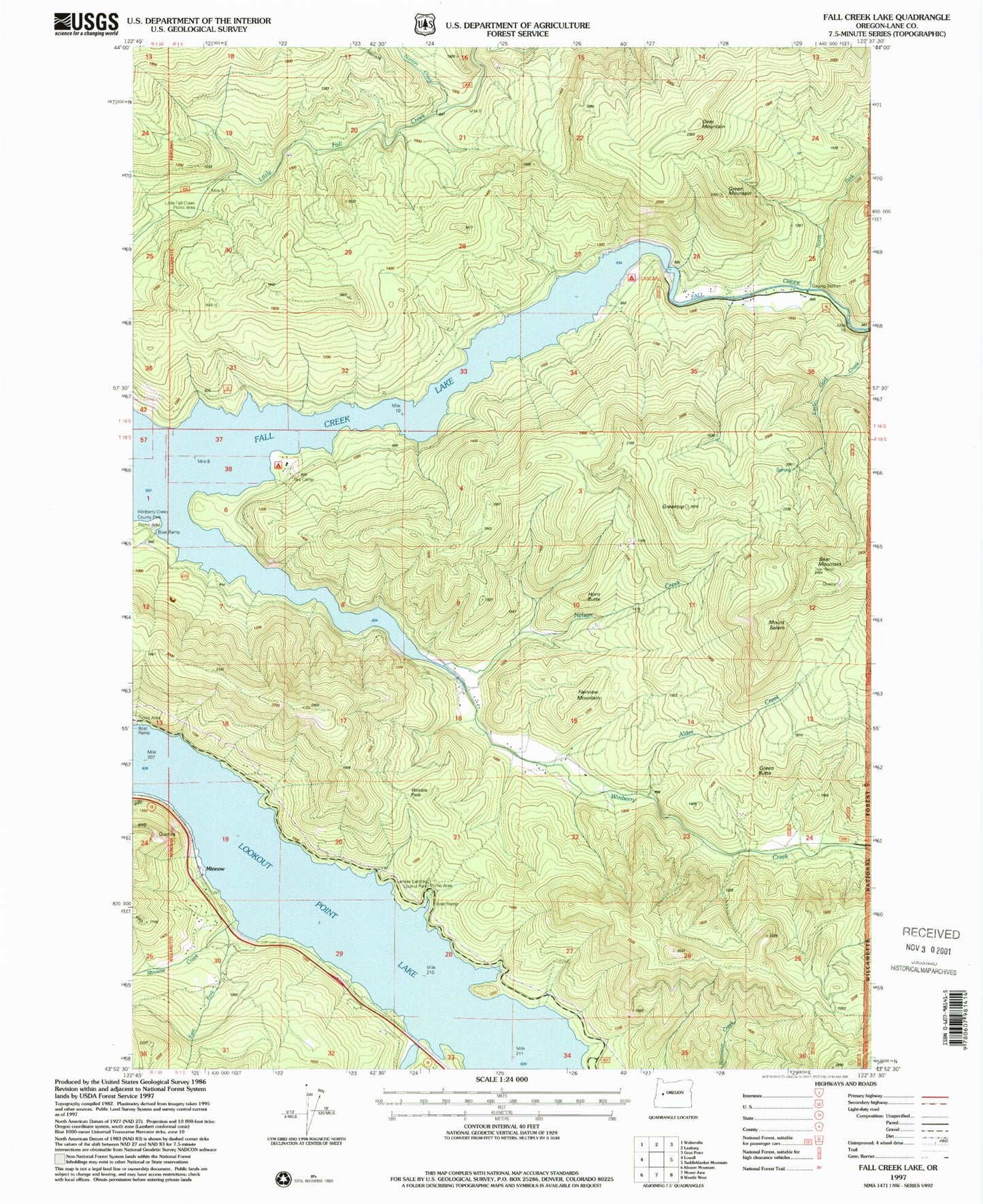 Classic USGS Fall Creek Lake Oregon 7.5'x7.5' Topo Map Image