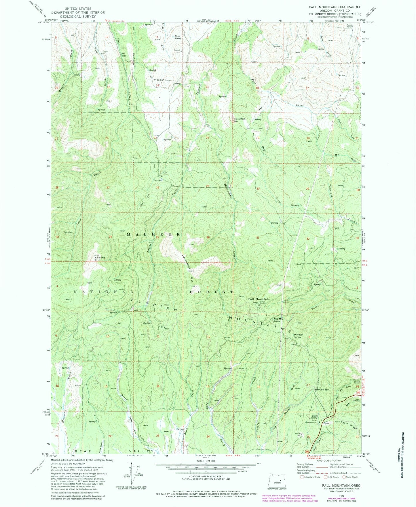 Classic USGS Fall Mountain Oregon 7.5'x7.5' Topo Map Image