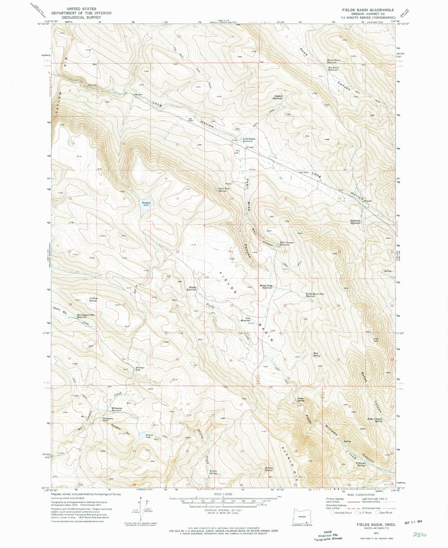 Classic USGS Fields Basin Oregon 7.5'x7.5' Topo Map Image