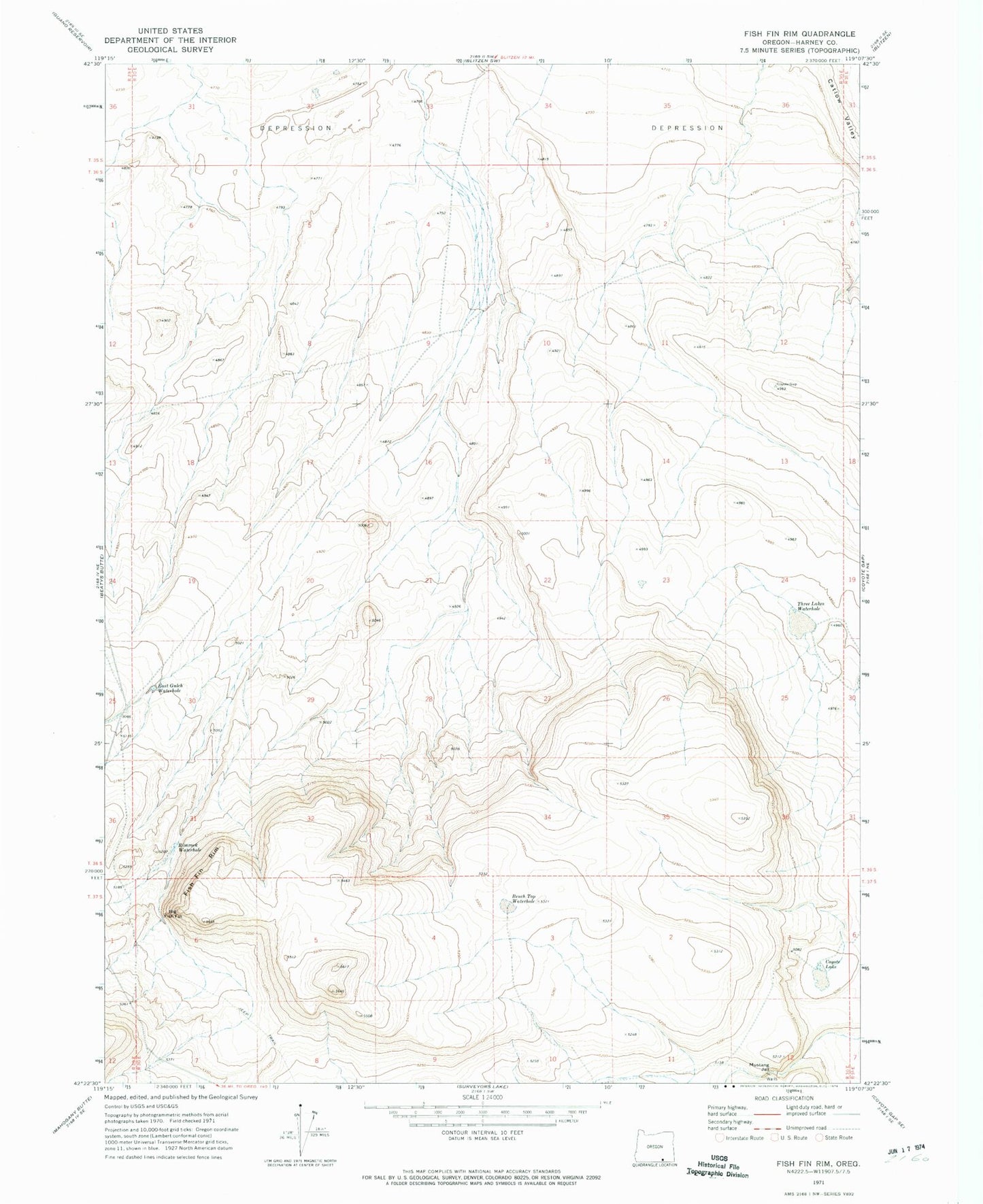 Classic USGS Fish Fin Rim Oregon 7.5'x7.5' Topo Map Image