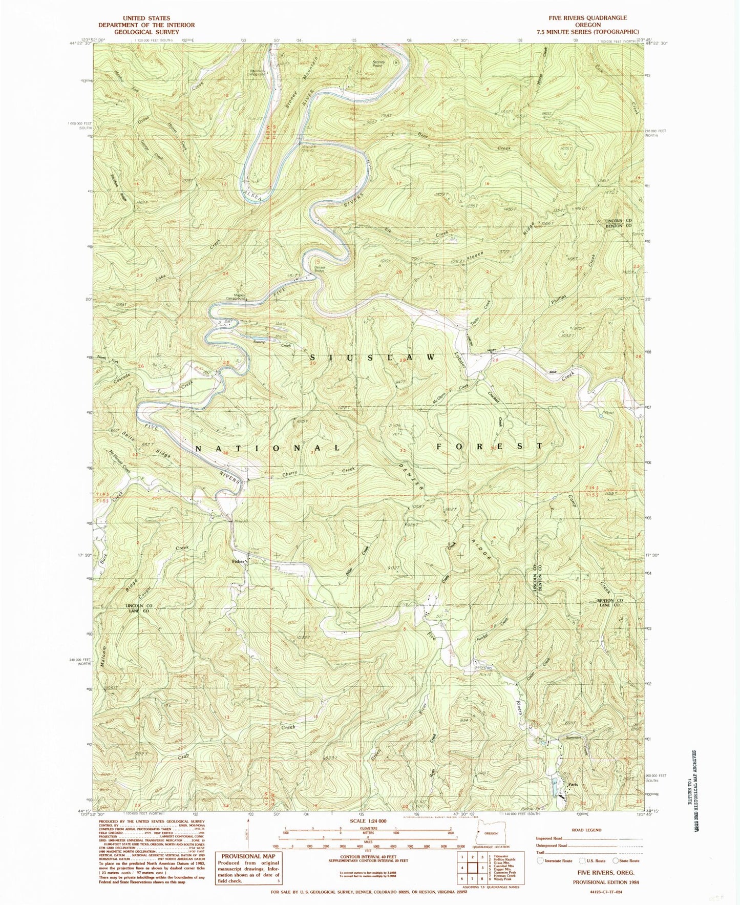Classic USGS Five Rivers Oregon 7.5'x7.5' Topo Map Image