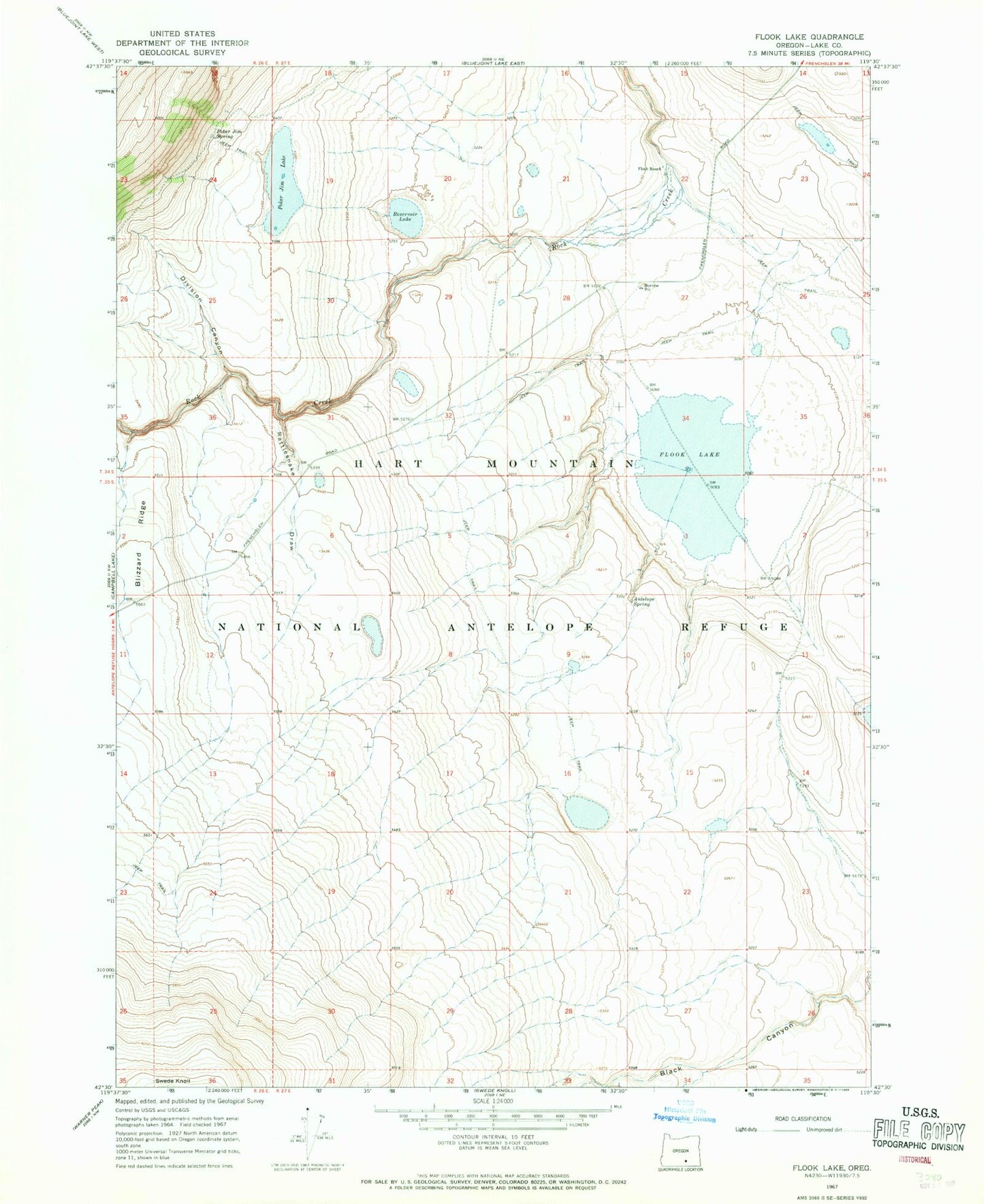 Classic USGS Flook Lake Oregon 7.5'x7.5' Topo Map Image