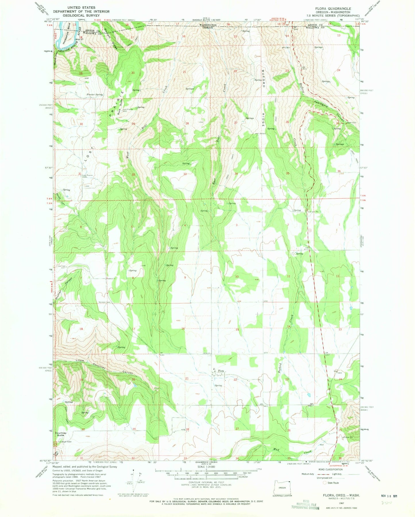 Classic USGS Flora Oregon 7.5'x7.5' Topo Map Image