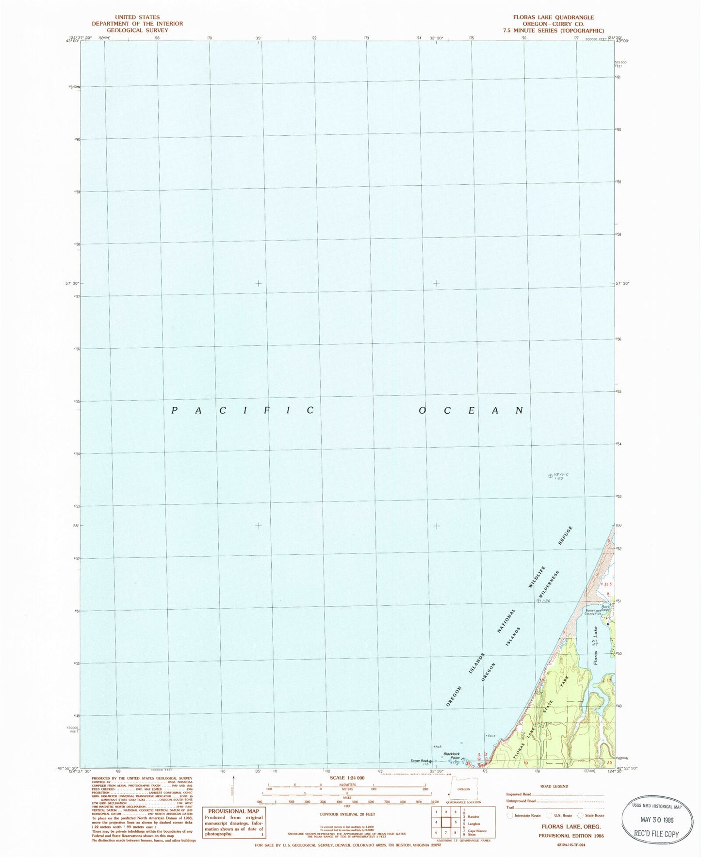 Classic USGS Floras Lake Oregon 7.5'x7.5' Topo Map Image