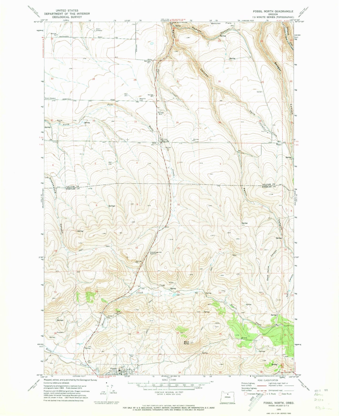 Classic USGS Fossil North Oregon 7.5'x7.5' Topo Map Image
