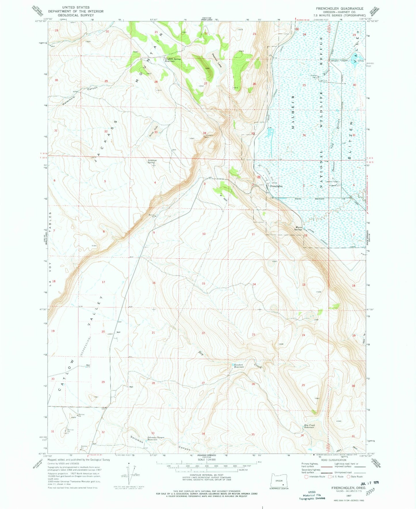 Classic USGS Frenchglen Oregon 7.5'x7.5' Topo Map Image