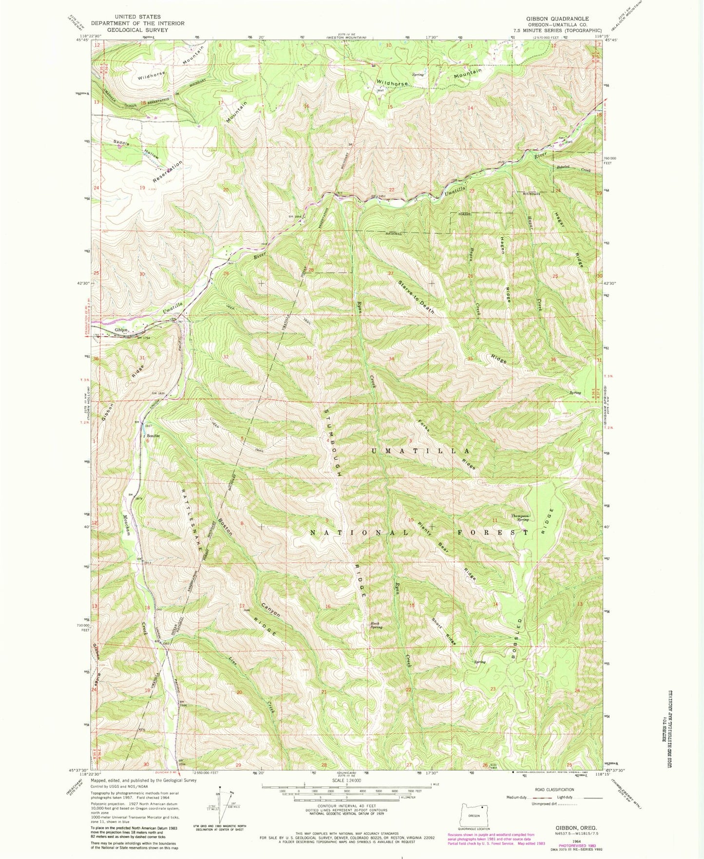 Classic USGS Gibbon Oregon 7.5'x7.5' Topo Map Image