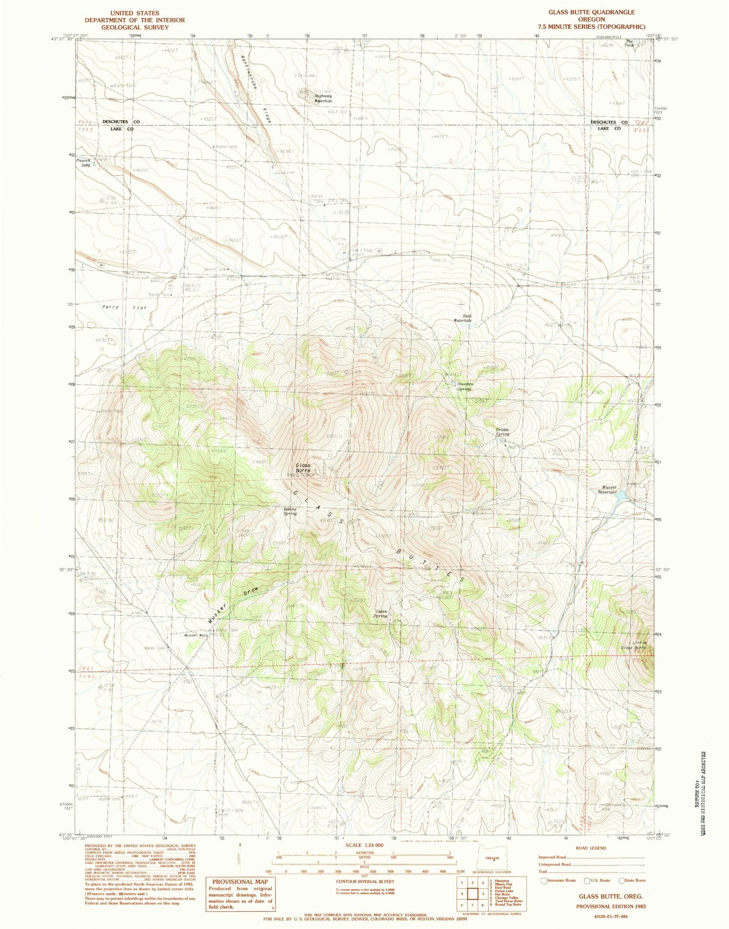Classic USGS Glass Buttes Oregon 7.5'x7.5' Topo Map Image