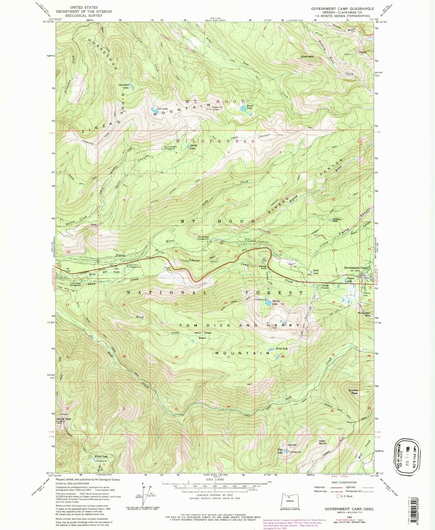 Classic USGS Government Camp Oregon 7.5'x7.5' Topo Map Image