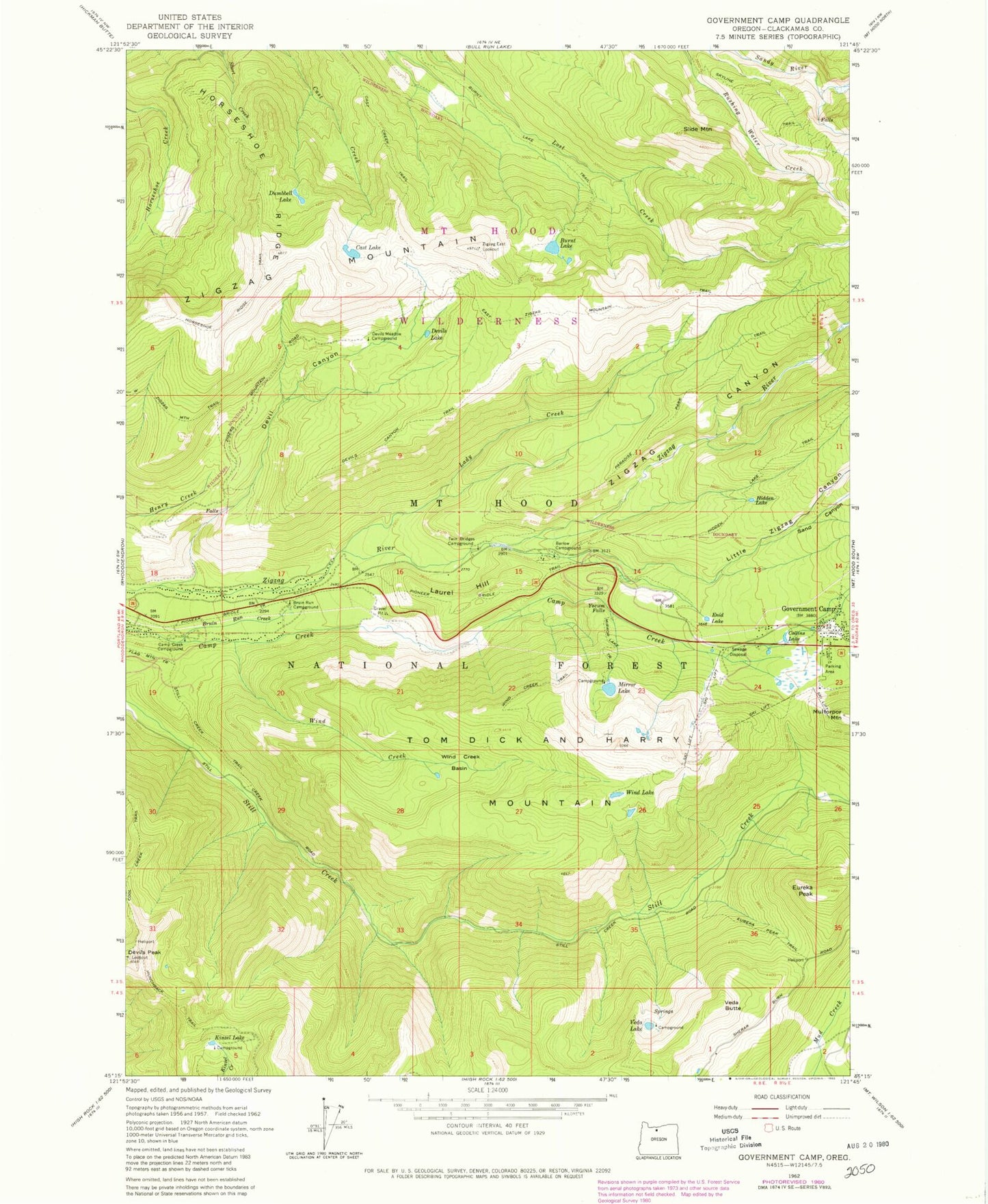 Classic USGS Government Camp Oregon 7.5'x7.5' Topo Map Image