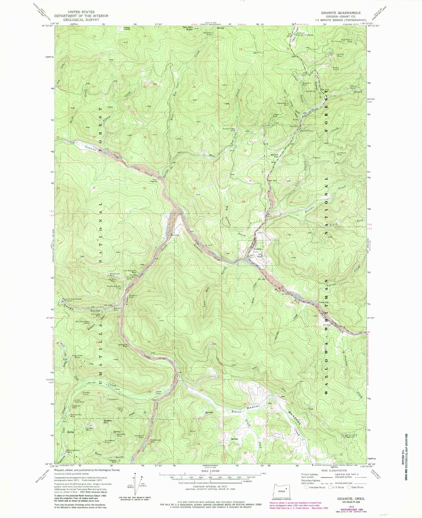 Classic USGS Granite Oregon 7.5'x7.5' Topo Map Image