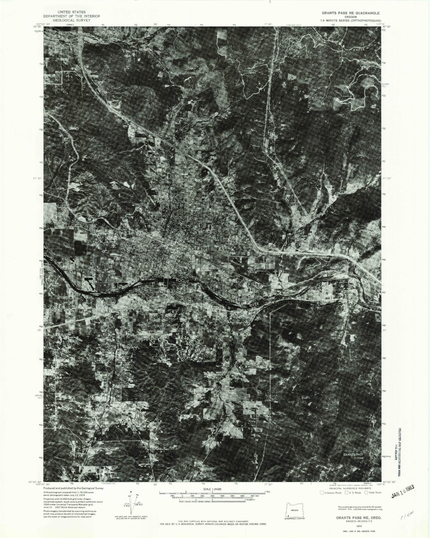 Classic USGS Grants Pass Oregon 7.5'x7.5' Topo Map Image